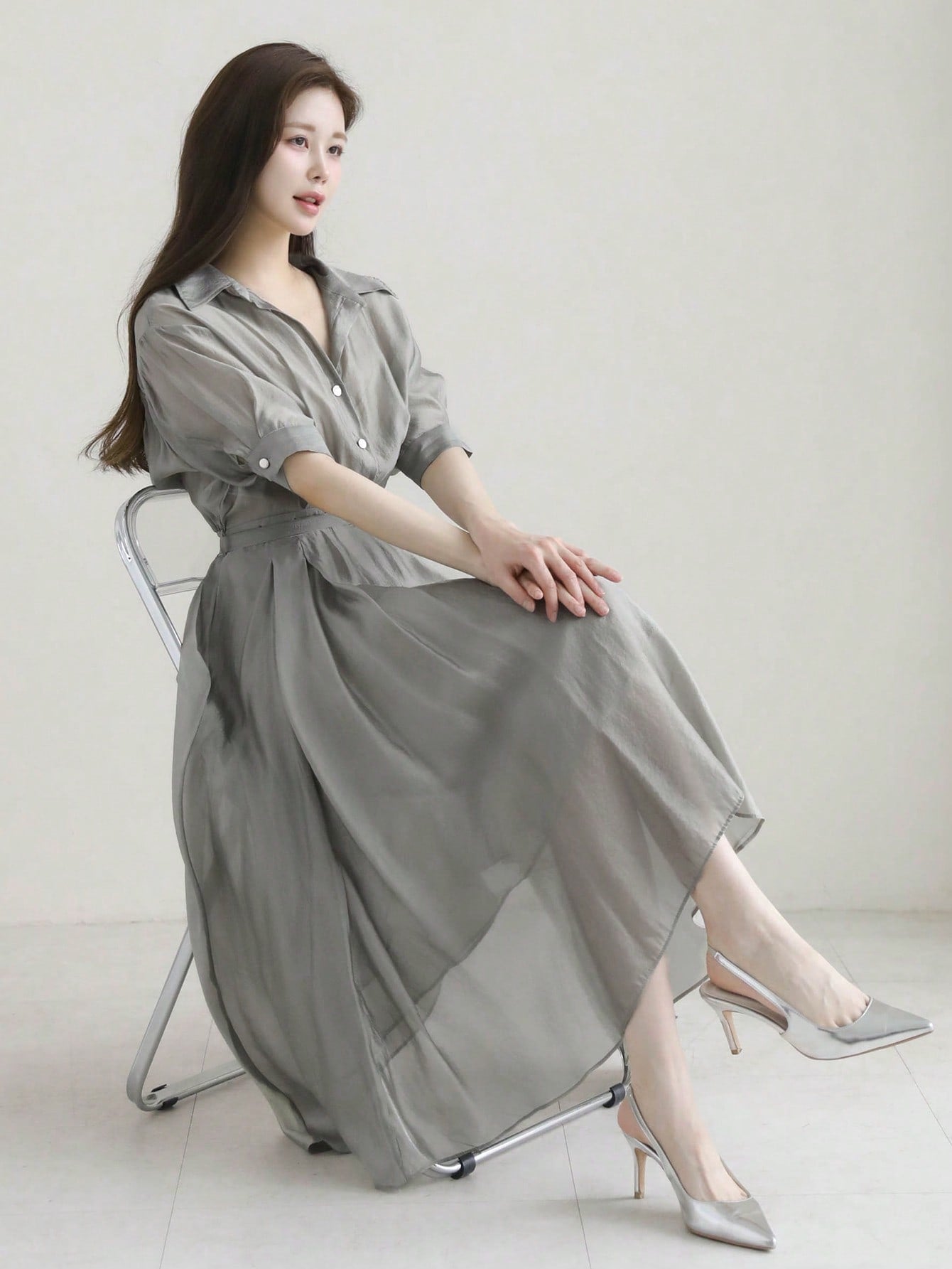 CM-DS673378 Women Casual Seoul Style Turn-Down Collar Fitted Waist Asymmetrical Midi Dress - Gray