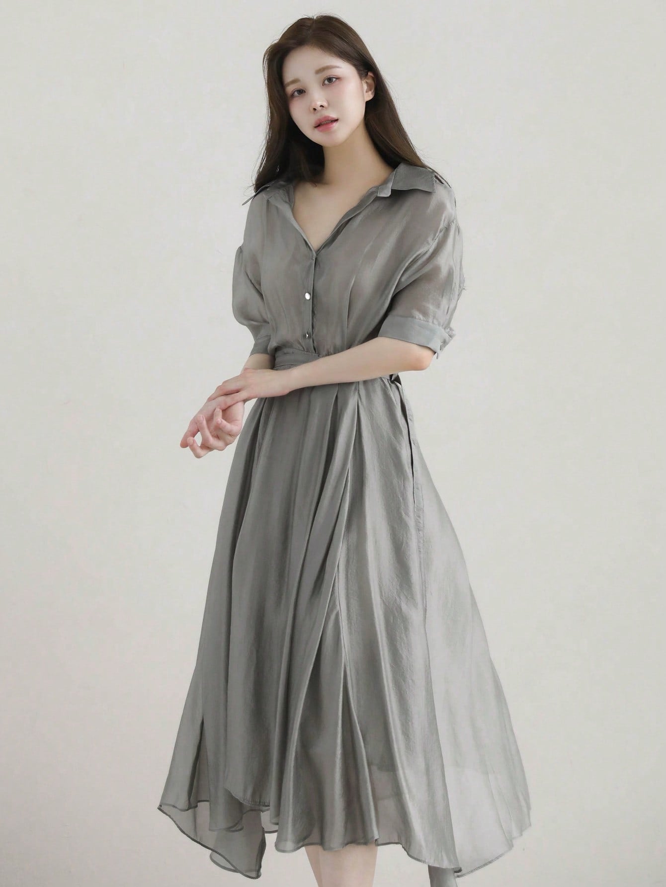 CM-DS673378 Women Casual Seoul Style Turn-Down Collar Fitted Waist Asymmetrical Midi Dress - Gray
