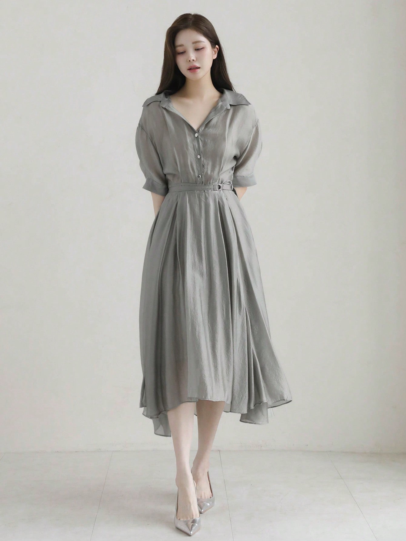 CM-DS673378 Women Casual Seoul Style Turn-Down Collar Fitted Waist Asymmetrical Midi Dress - Gray