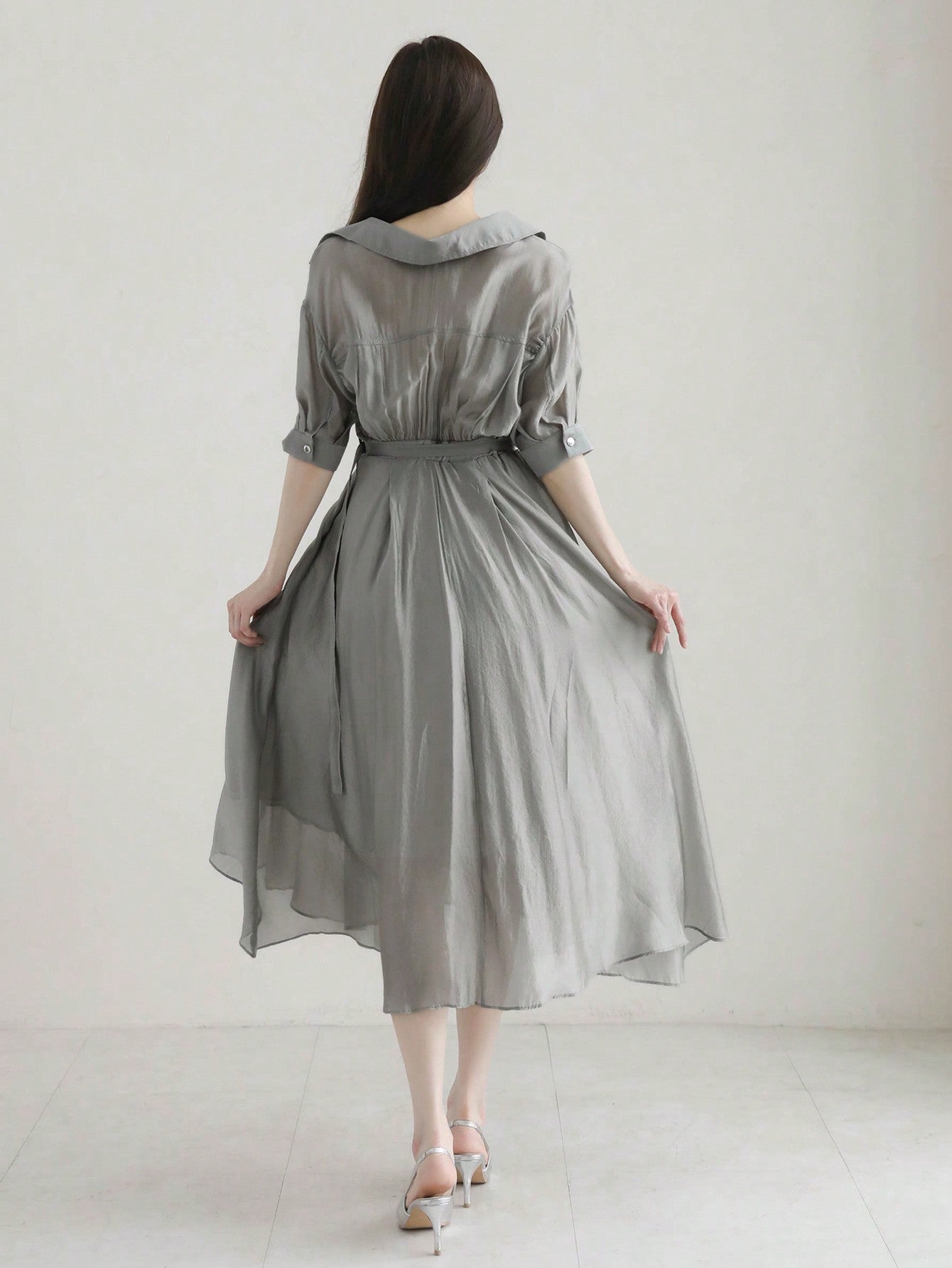 CM-DS673378 Women Casual Seoul Style Turn-Down Collar Fitted Waist Asymmetrical Midi Dress - Gray