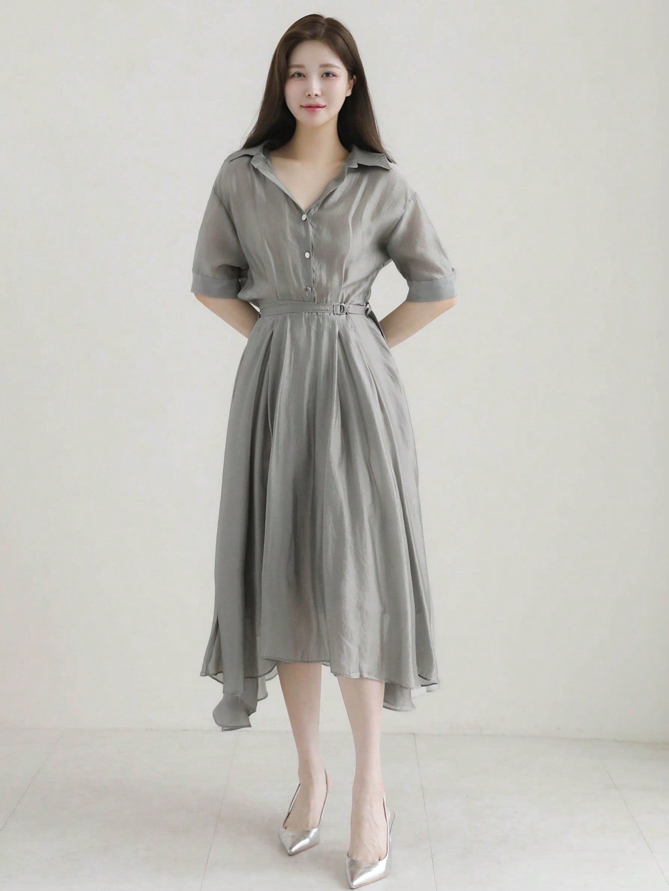 CM-DS673378 Women Casual Seoul Style Turn-Down Collar Fitted Waist Asymmetrical Midi Dress - Gray