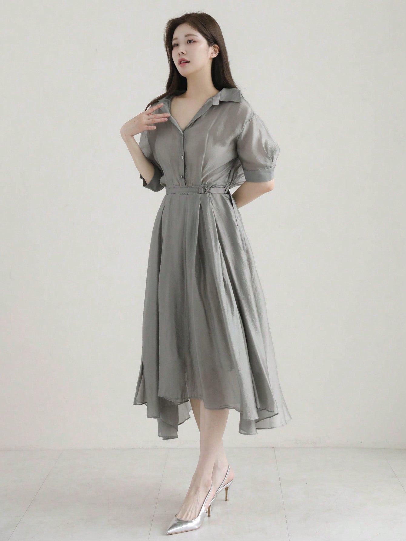 CM-DS673378 Women Casual Seoul Style Turn-Down Collar Fitted Waist Asymmetrical Midi Dress - Gray
