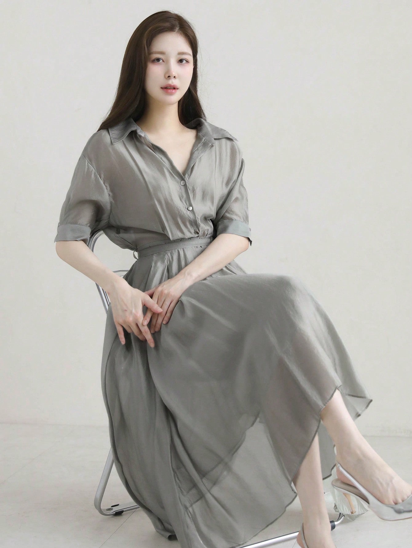 CM-DS673378 Women Casual Seoul Style Turn-Down Collar Fitted Waist Asymmetrical Midi Dress - Gray