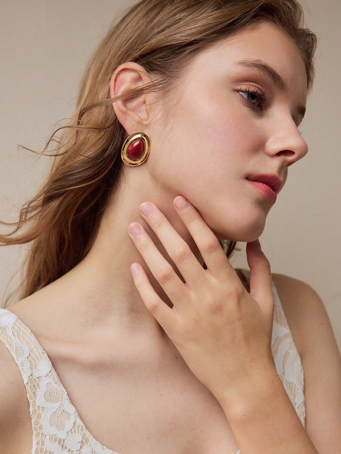 CM-AXS120795 Women Trendy Seoul Style Red Water Drop Shaped Stud Earrings