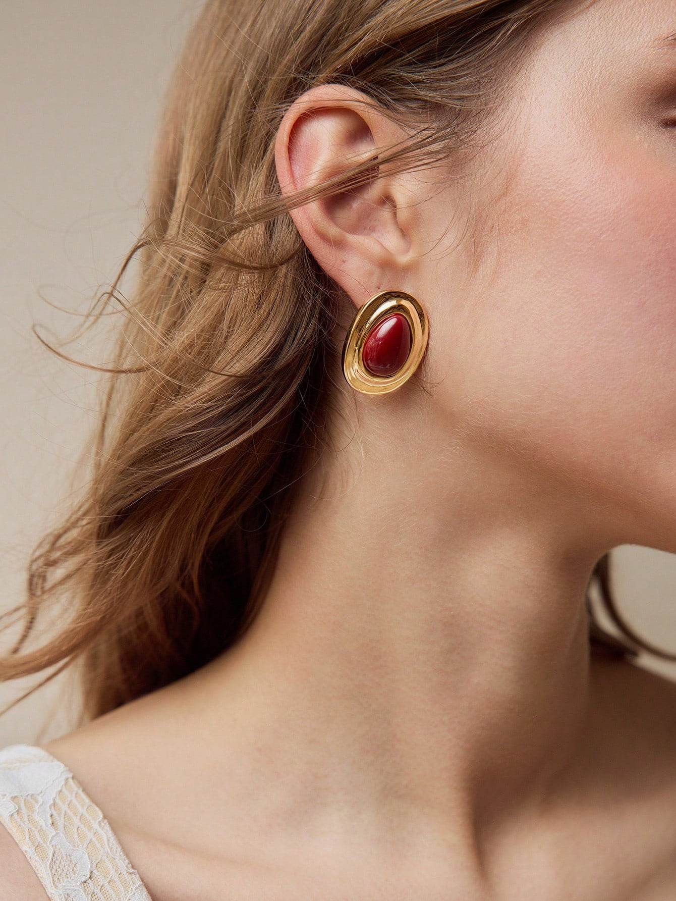 CM-AXS120795 Women Trendy Seoul Style Red Water Drop Shaped Stud Earrings