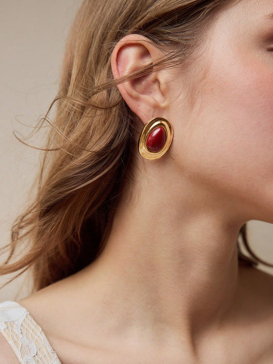 CM-AXS120795 Women Trendy Seoul Style Red Water Drop Shaped Stud Earrings