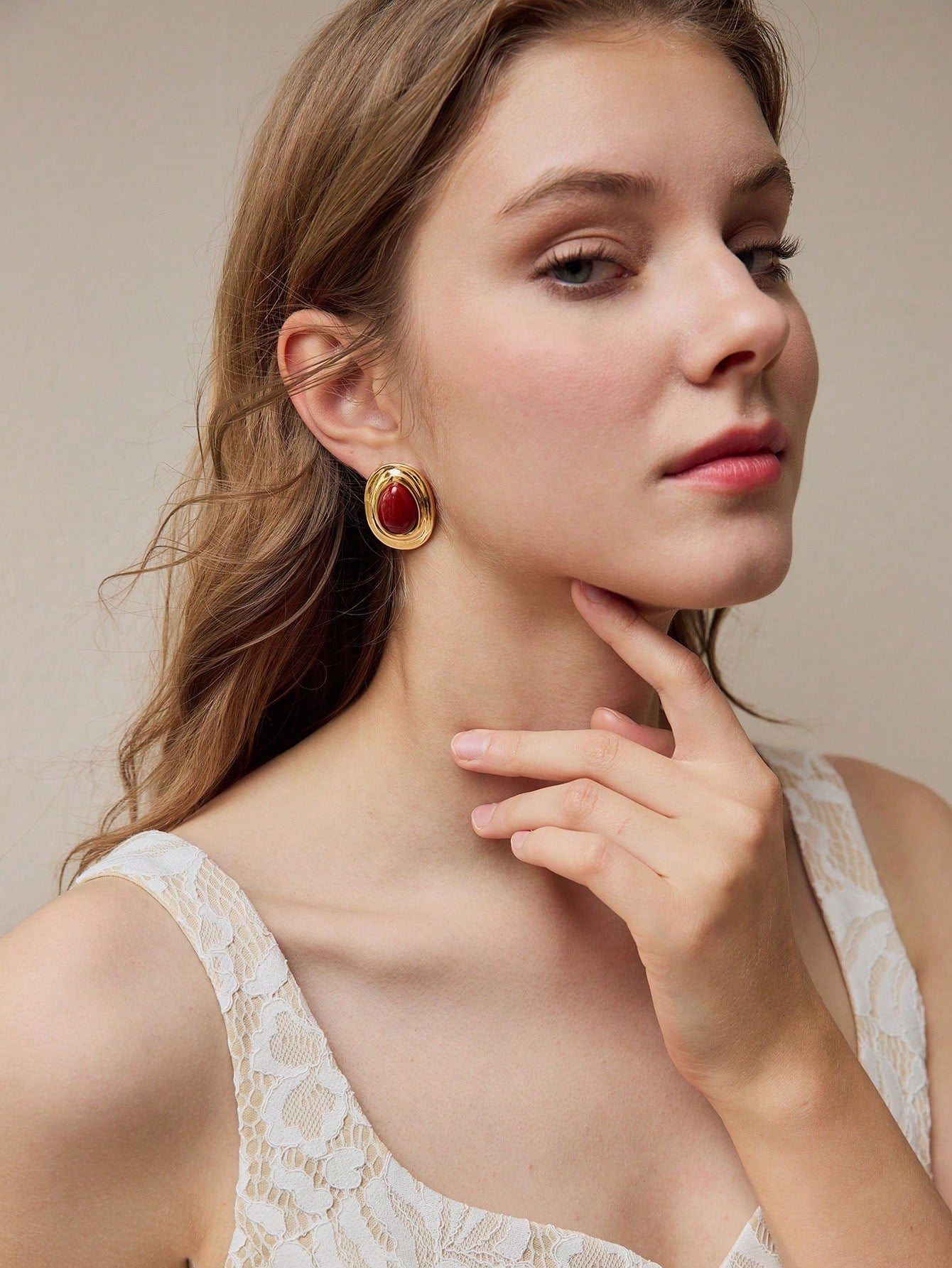 CM-AXS120795 Women Trendy Seoul Style Red Water Drop Shaped Stud Earrings