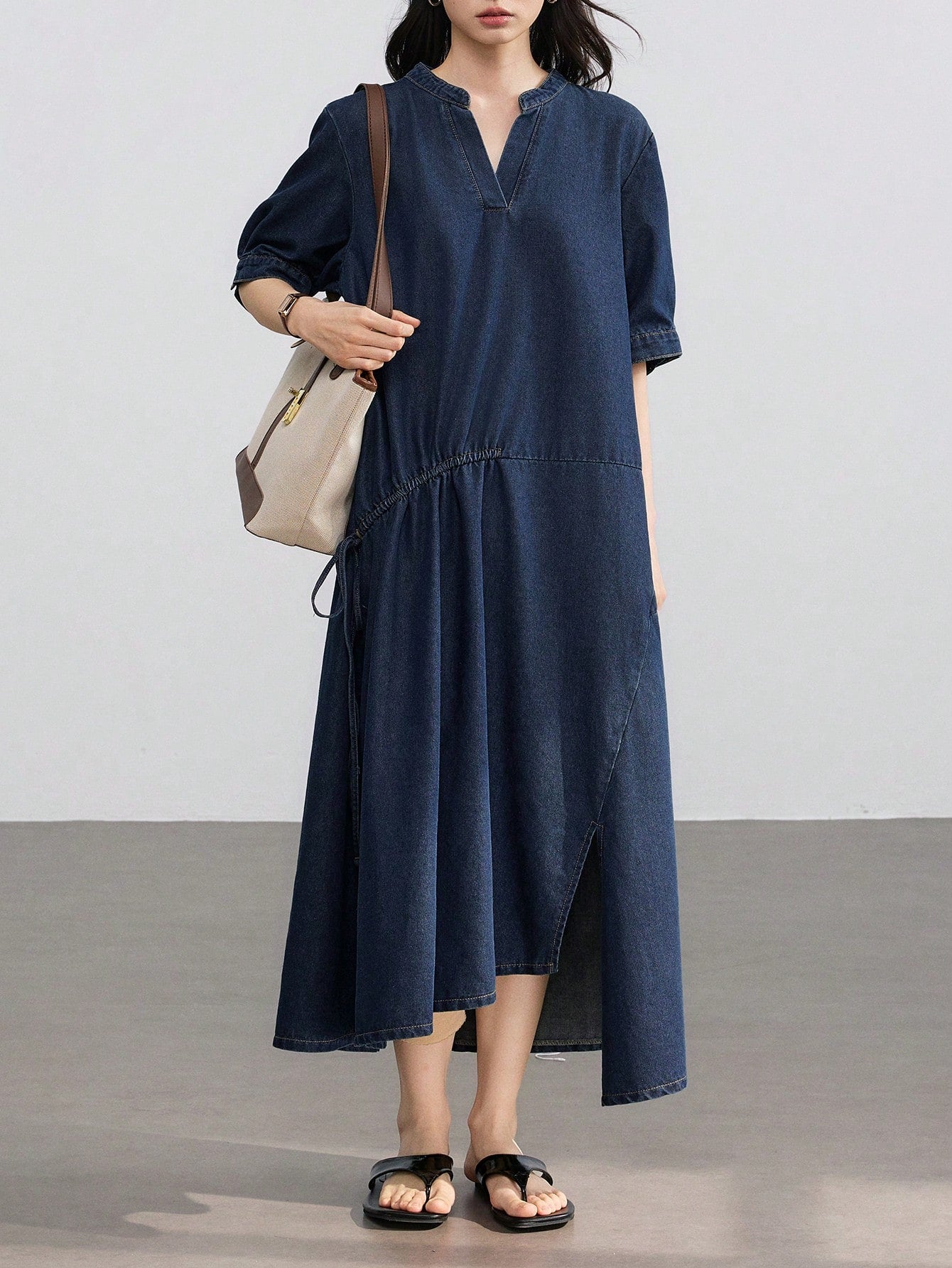 CM-DS225121 Women Casual Seoul Style Dark Wash Loose Straight Drawstring Lace-Up Patchwork Denim Dress