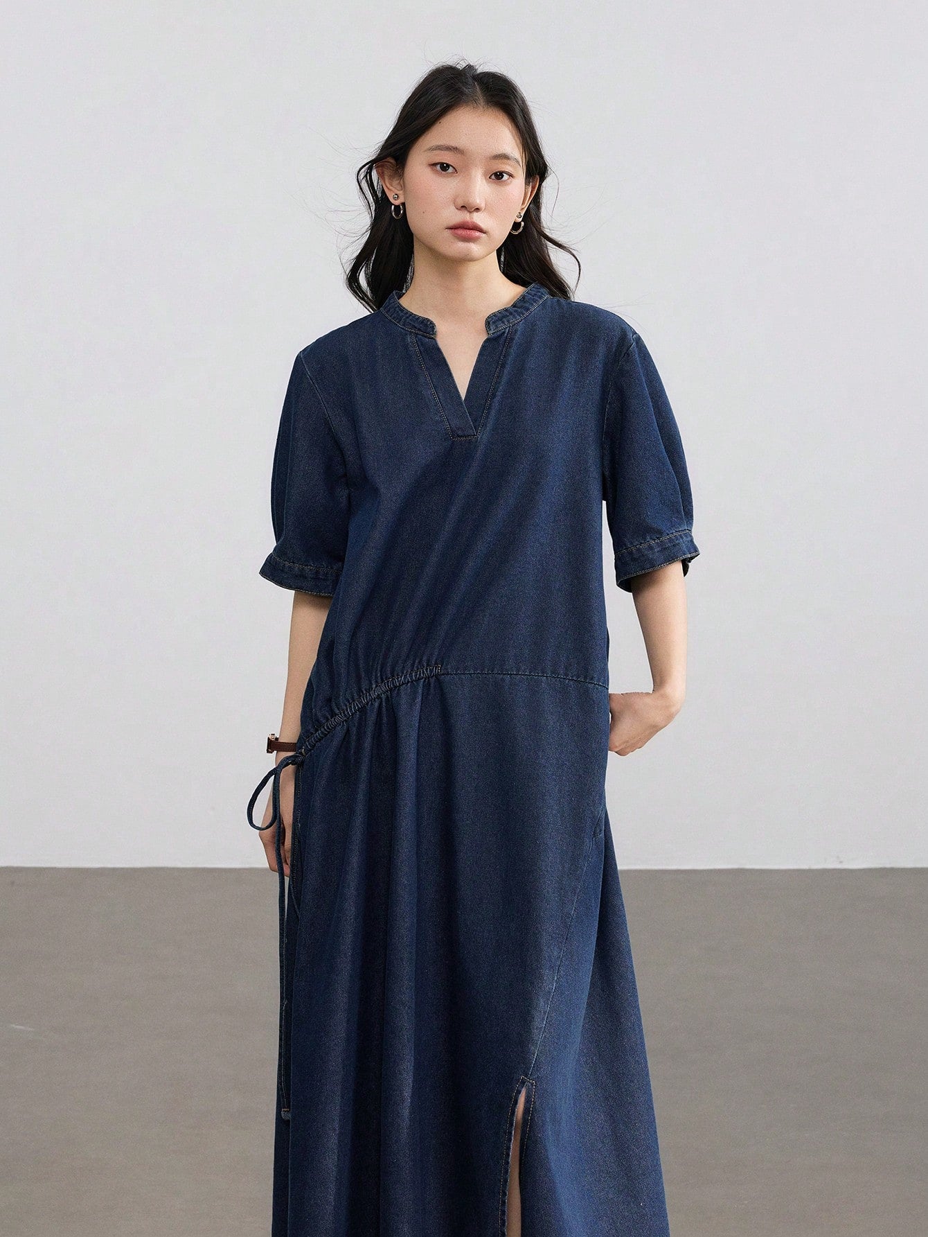 CM-DS225121 Women Casual Seoul Style Dark Wash Loose Straight Drawstring Lace-Up Patchwork Denim Dress