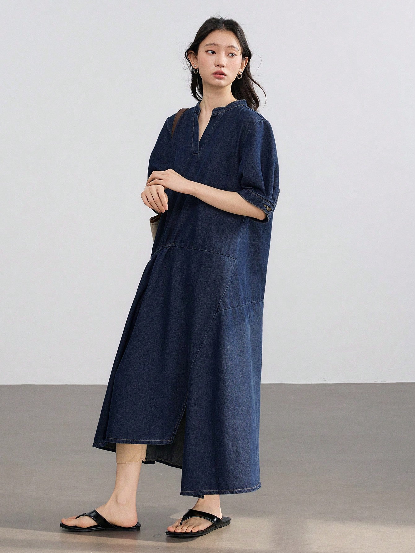 CM-DS225121 Women Casual Seoul Style Dark Wash Loose Straight Drawstring Lace-Up Patchwork Denim Dress