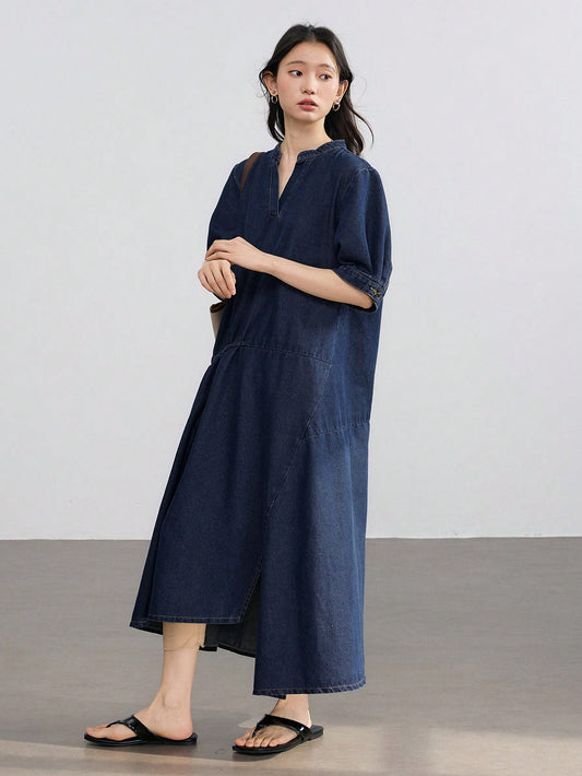 CM-DS225121 Women Casual Seoul Style Dark Wash Loose Straight Drawstring Lace-Up Patchwork Denim Dress
