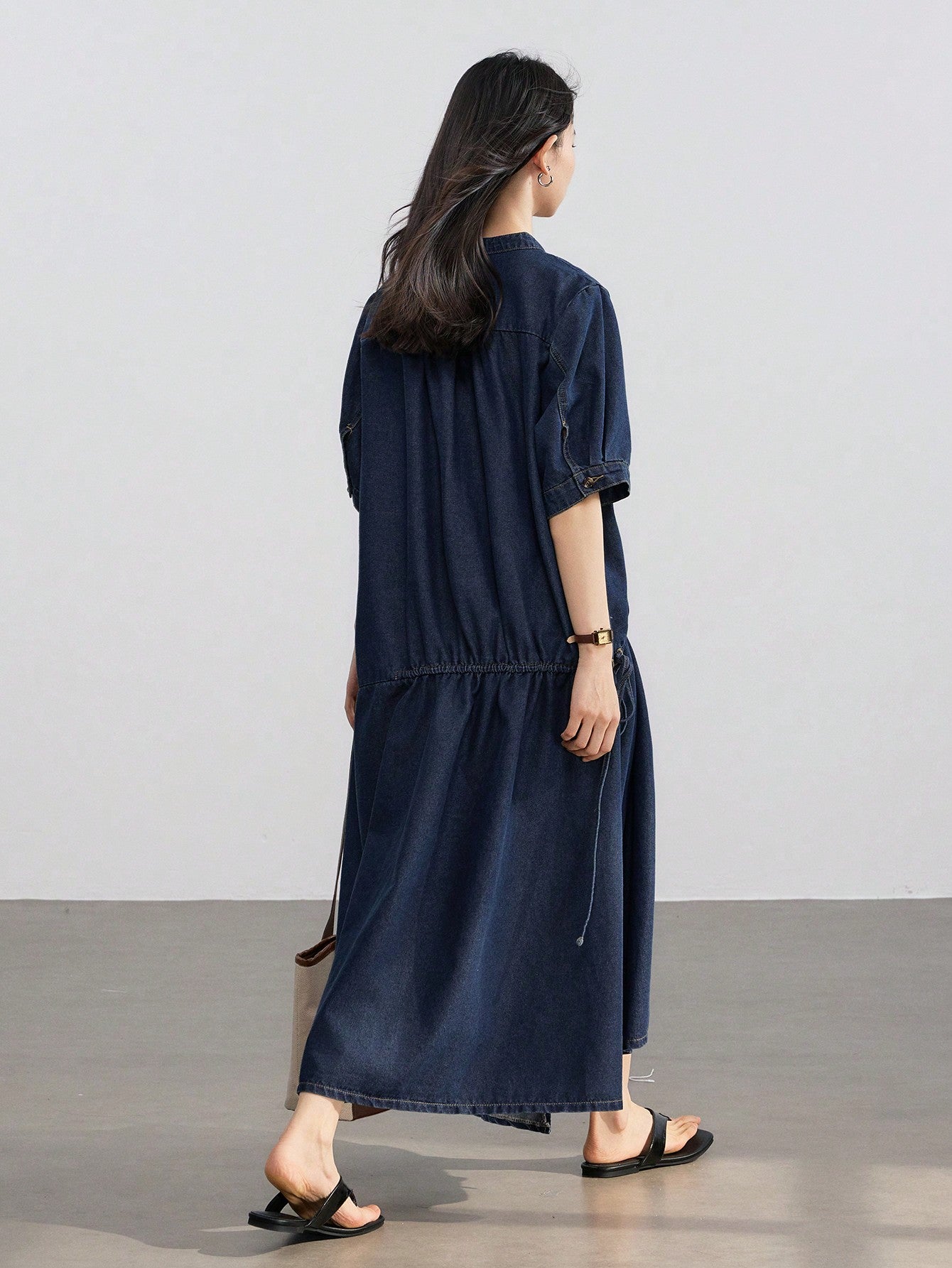 CM-DS225121 Women Casual Seoul Style Dark Wash Loose Straight Drawstring Lace-Up Patchwork Denim Dress