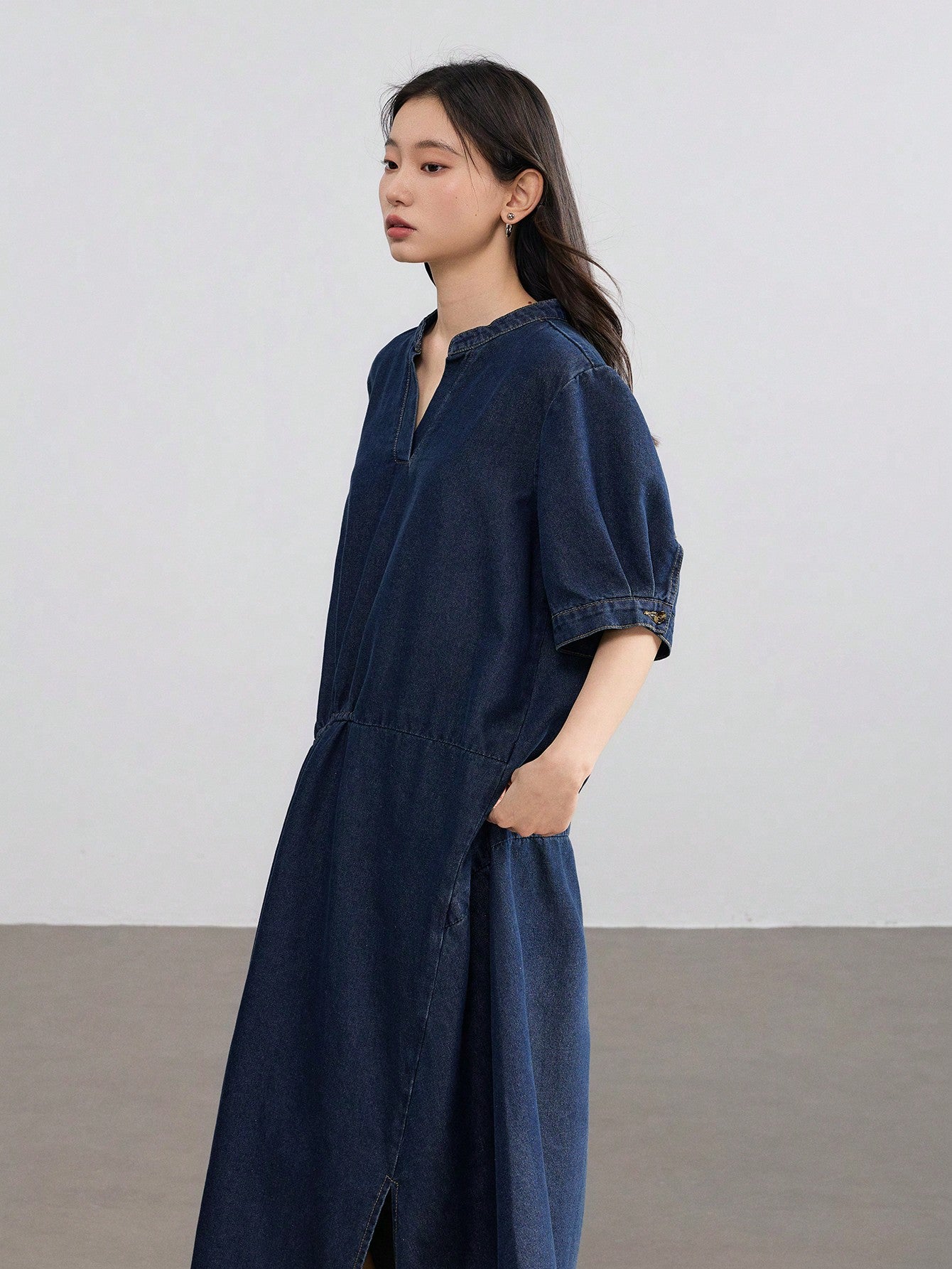 CM-DS225121 Women Casual Seoul Style Dark Wash Loose Straight Drawstring Lace-Up Patchwork Denim Dress