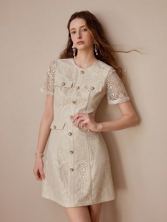 CM-DS767017 Women Elegant Seoul Style Round Neck Short Sleeve Pointelle Decor Fitted Mini Dress - Apricot