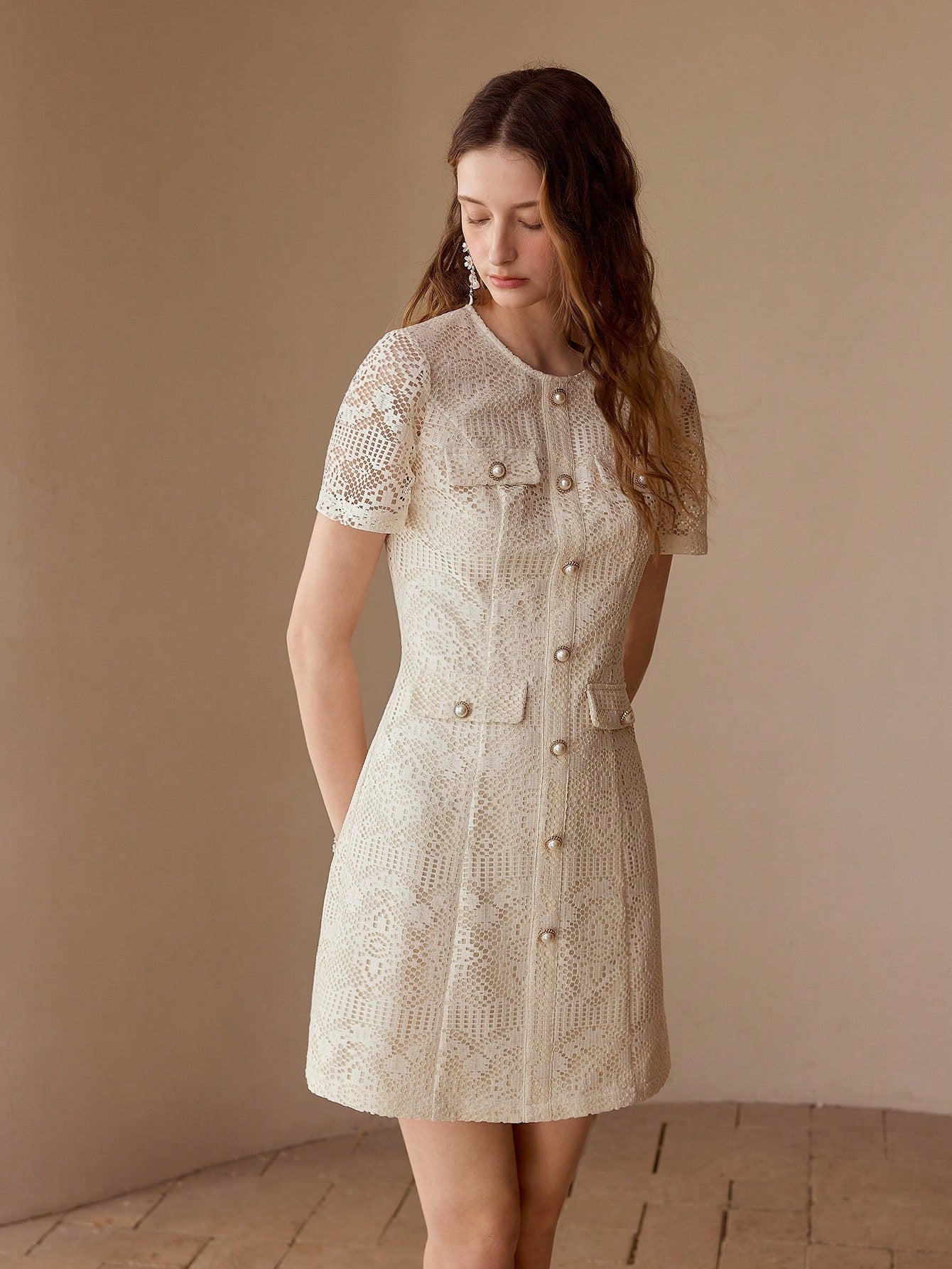 CM-DS767017 Women Elegant Seoul Style Round Neck Short Sleeve Pointelle Decor Fitted Mini Dress - Apricot