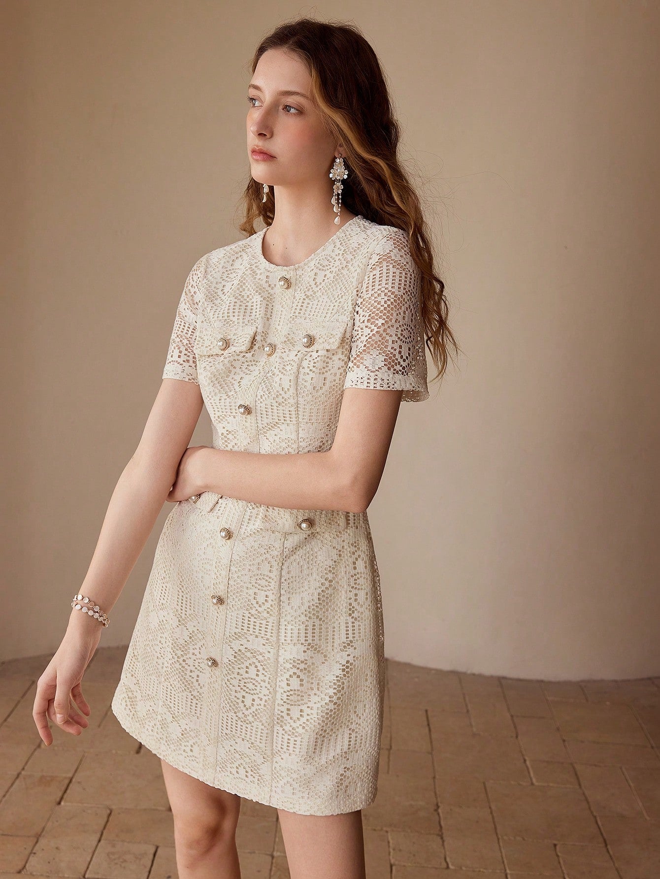 CM-DS767017 Women Elegant Seoul Style Round Neck Short Sleeve Pointelle Decor Fitted Mini Dress - Apricot