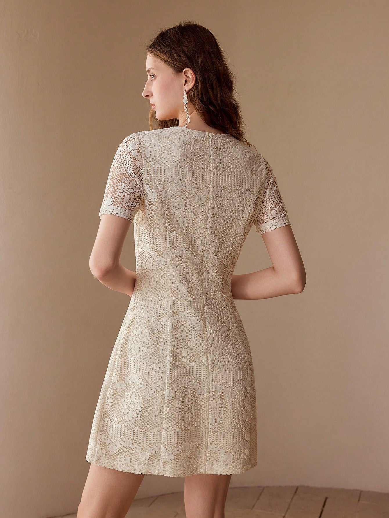 CM-DS767017 Women Elegant Seoul Style Round Neck Short Sleeve Pointelle Decor Fitted Mini Dress - Apricot