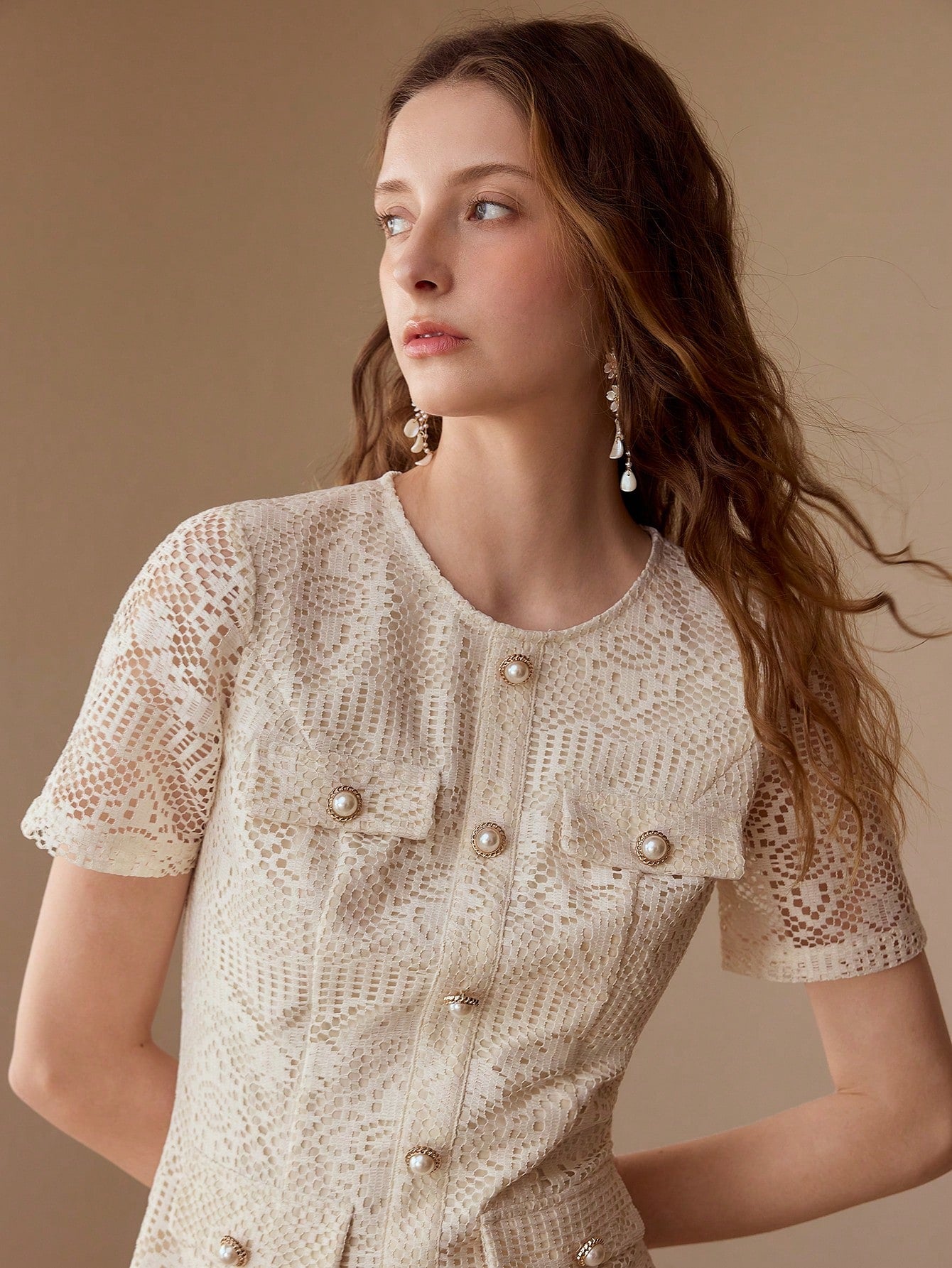CM-DS767017 Women Elegant Seoul Style Round Neck Short Sleeve Pointelle Decor Fitted Mini Dress - Apricot