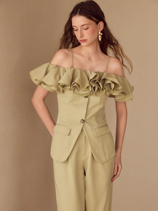 CM-TS982198 Women Elegant Seoul Style Spaghetti Strap Cold Shoulder Ruffle Trim Buttin Fron Top