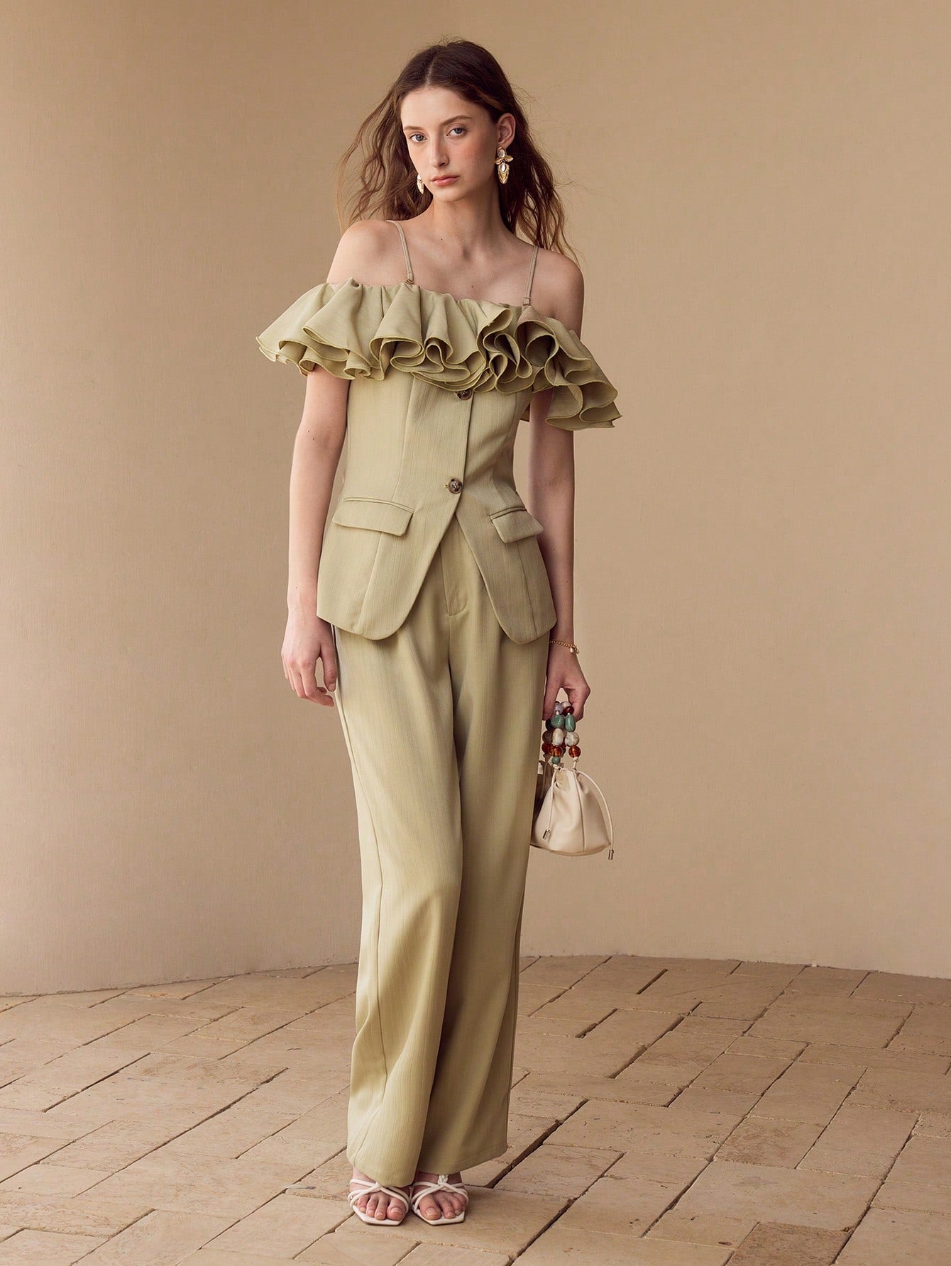 CM-TS982198 Women Elegant Seoul Style Spaghetti Strap Cold Shoulder Ruffle Trim Buttin Fron Top