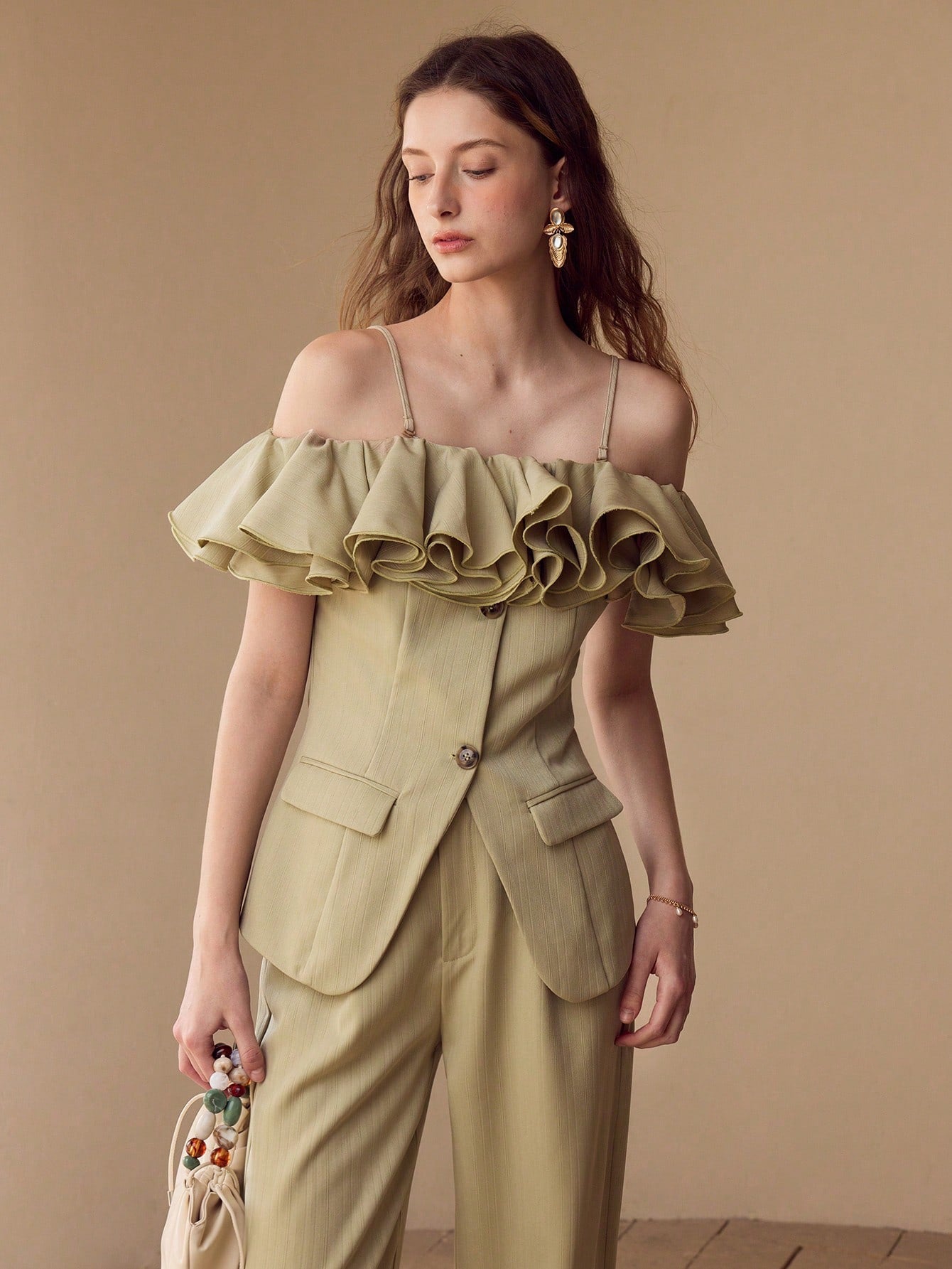 CM-TS982198 Women Elegant Seoul Style Spaghetti Strap Cold Shoulder Ruffle Trim Buttin Fron Top