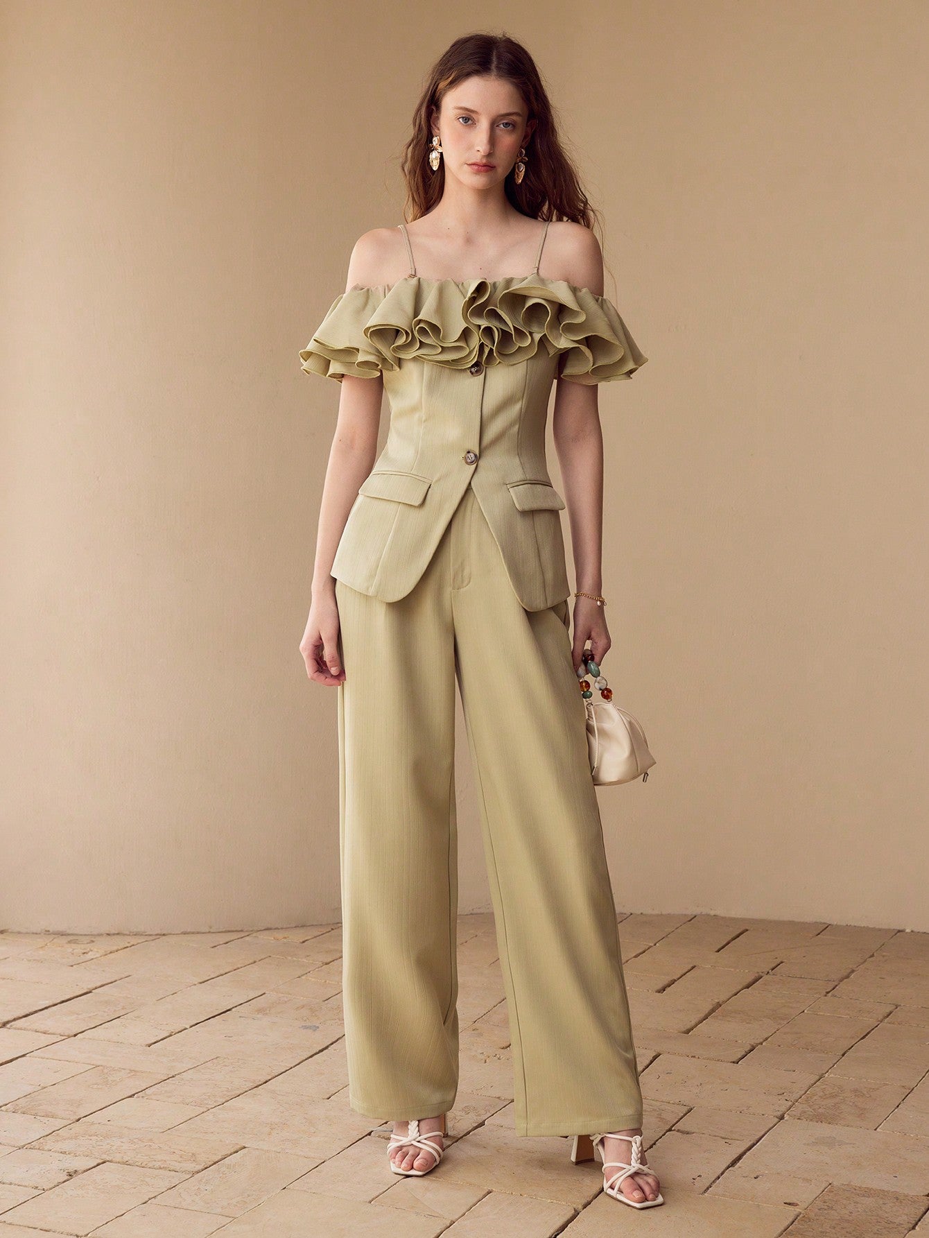 CM-TS982198 Women Elegant Seoul Style Spaghetti Strap Cold Shoulder Ruffle Trim Buttin Fron Top