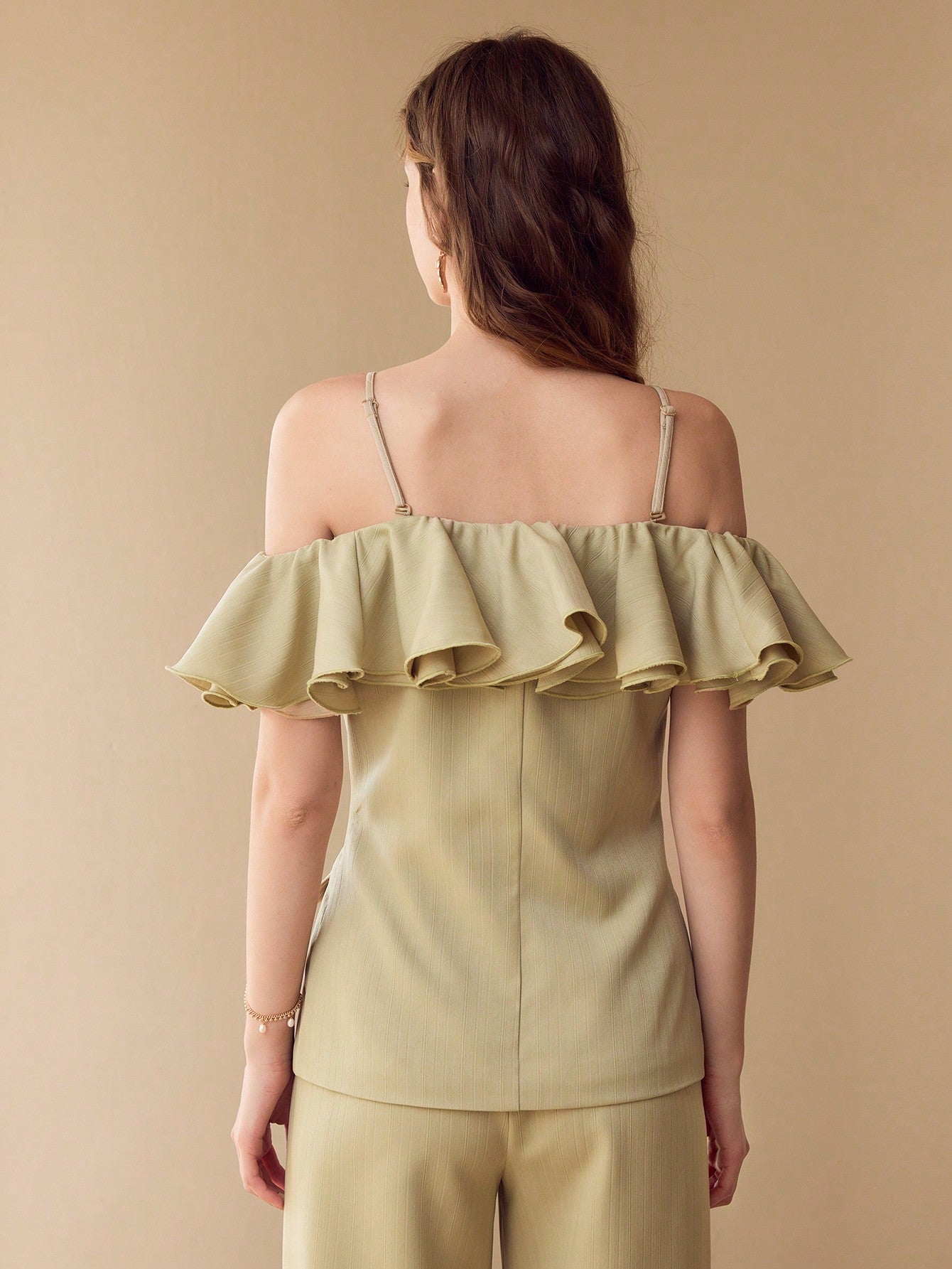 CM-TS982198 Women Elegant Seoul Style Spaghetti Strap Cold Shoulder Ruffle Trim Buttin Fron Top