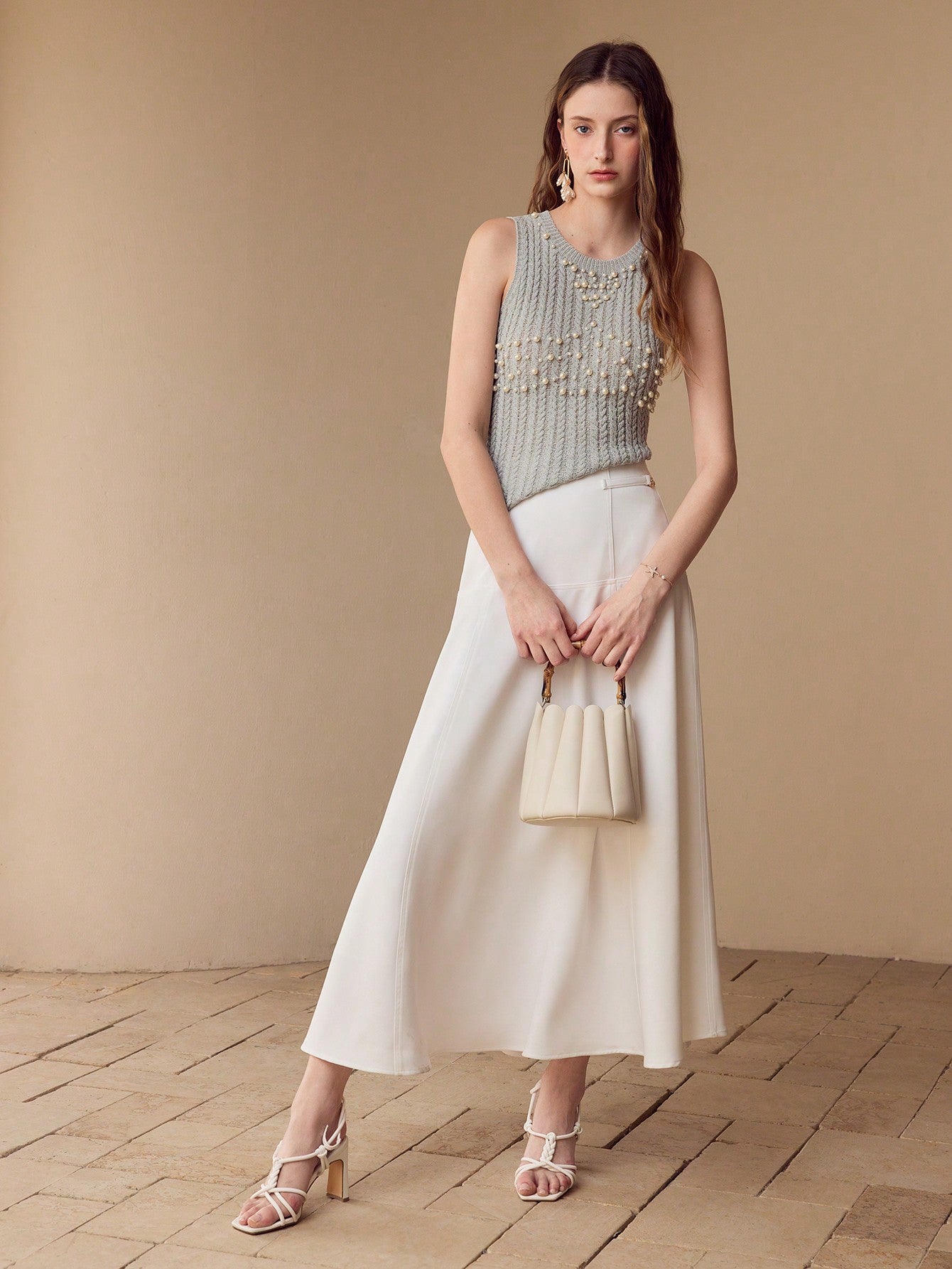 CM-BS171124 Women Elegant Seoul Style Zipper Back Mid Waist Flared Skirt - White