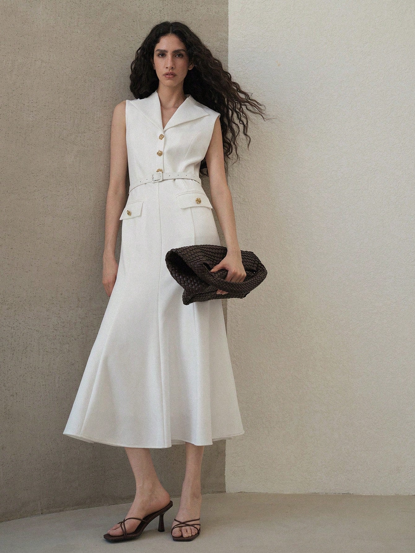 CM-DS417731 Women Elegant Seoul Style Lapel Neckline Sleeveless Button Decor Belted Dress - White