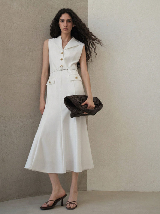 CM-DS417731 Women Elegant Seoul Style Lapel Neckline Sleeveless Button Decor Belted Dress - White