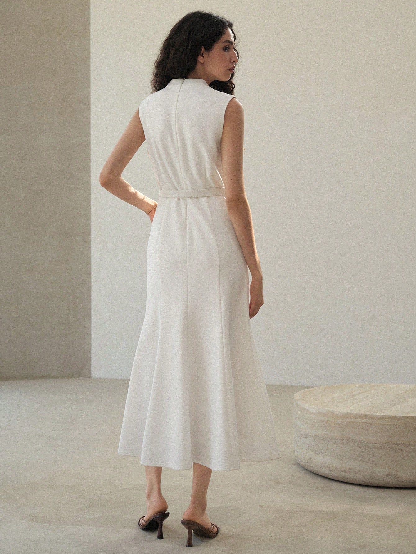 CM-DS417731 Women Elegant Seoul Style Lapel Neckline Sleeveless Button Decor Belted Dress - White