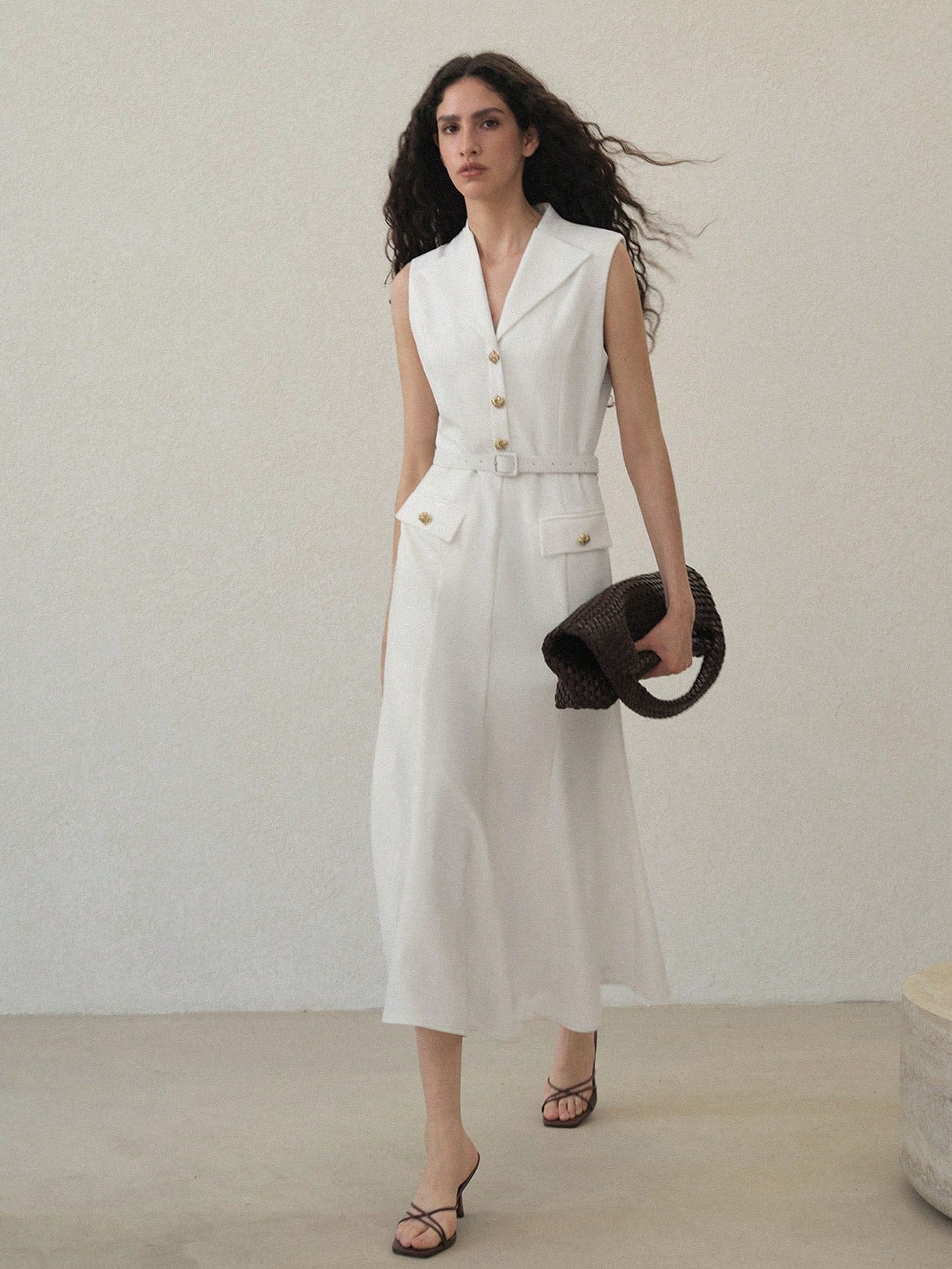 CM-DS417731 Women Elegant Seoul Style Lapel Neckline Sleeveless Button Decor Belted Dress - White