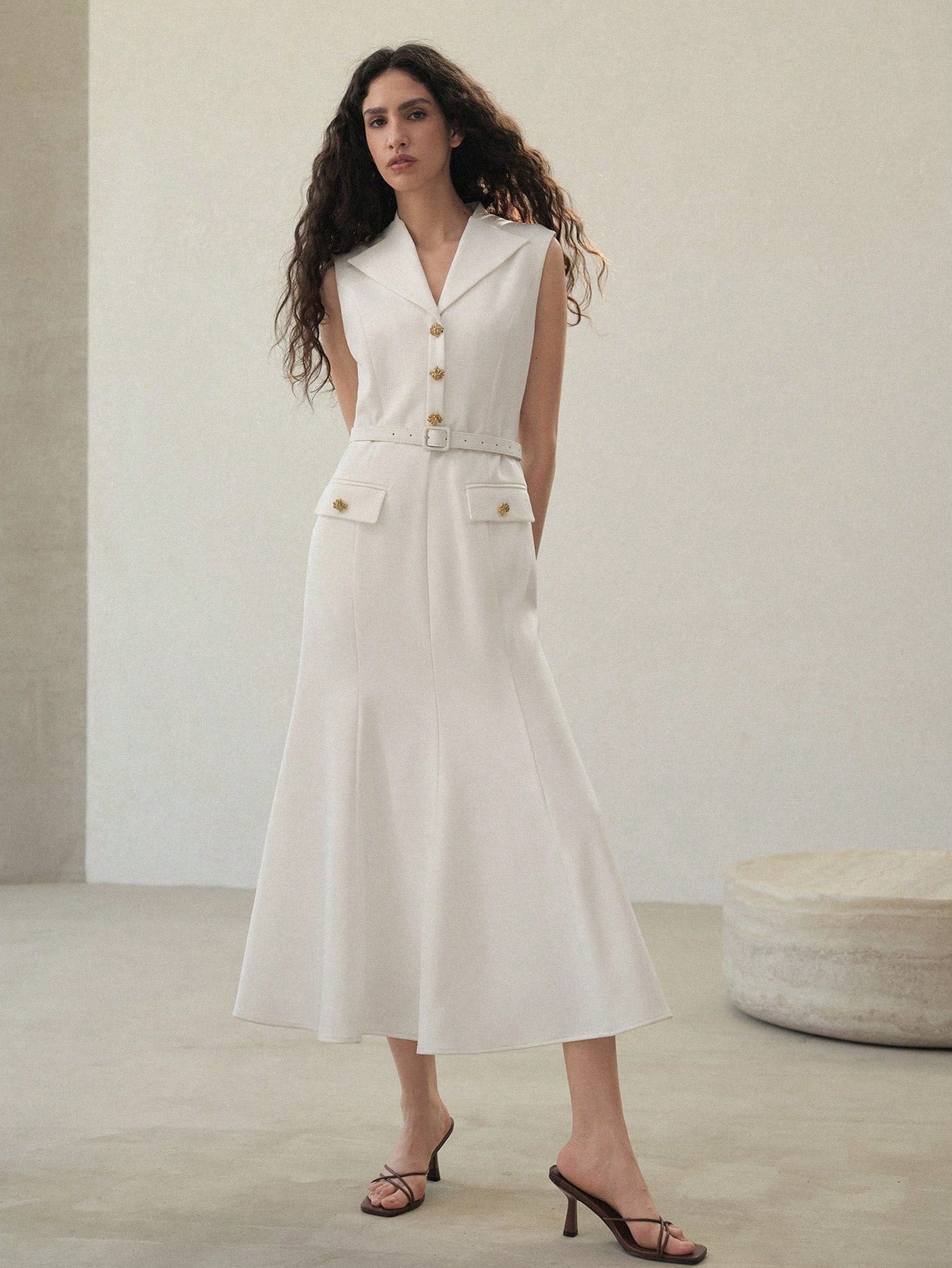 CM-DS417731 Women Elegant Seoul Style Lapel Neckline Sleeveless Button Decor Belted Dress - White