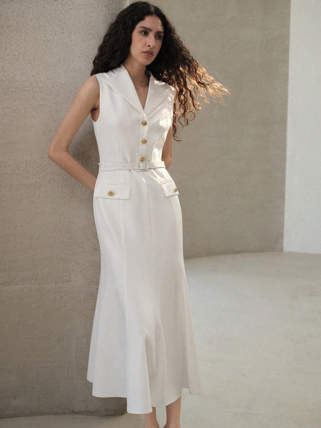 CM-DS417731 Women Elegant Seoul Style Lapel Neckline Sleeveless Button Decor Belted Dress - White