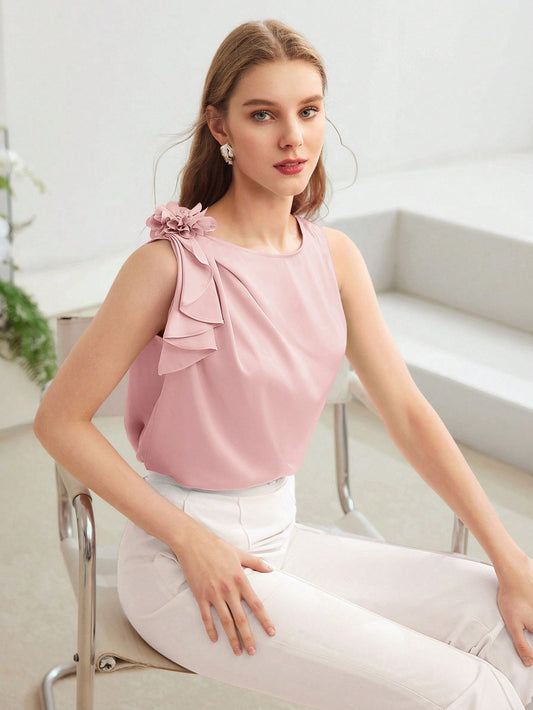 CM-TS942142 Women Elegant Seoul Style Stereo Floral Decor Round Neck Sleeveless Blouse - Baby Pink