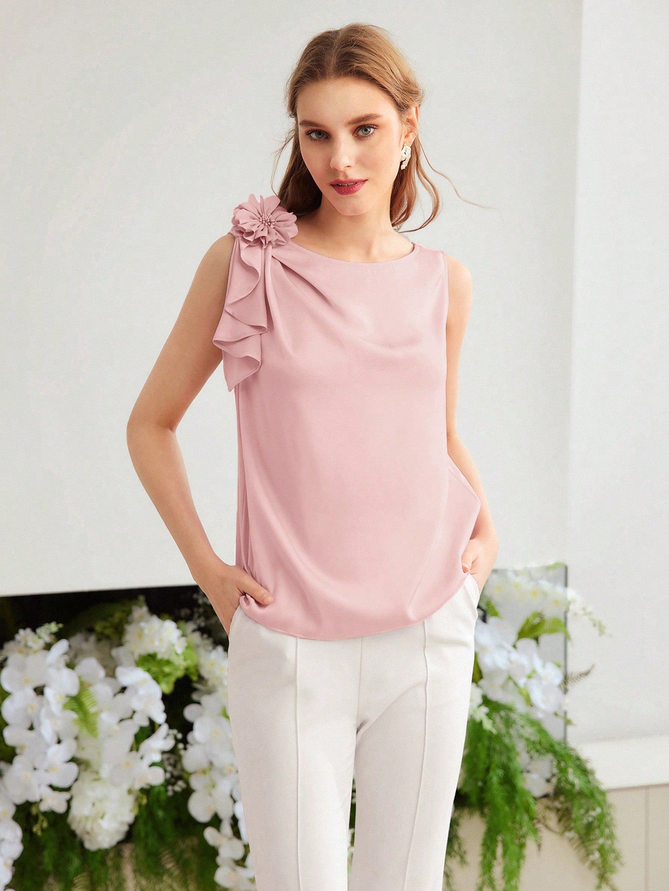 CM-TS942142 Women Elegant Seoul Style Stereo Floral Decor Round Neck Sleeveless Blouse - Baby Pink