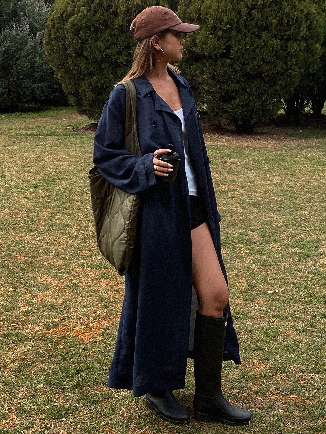 CM-CS626667 Women Casual Seoul Style Solid Color Cinched Waist Long Sleeve Trench Coat - Navy Blue