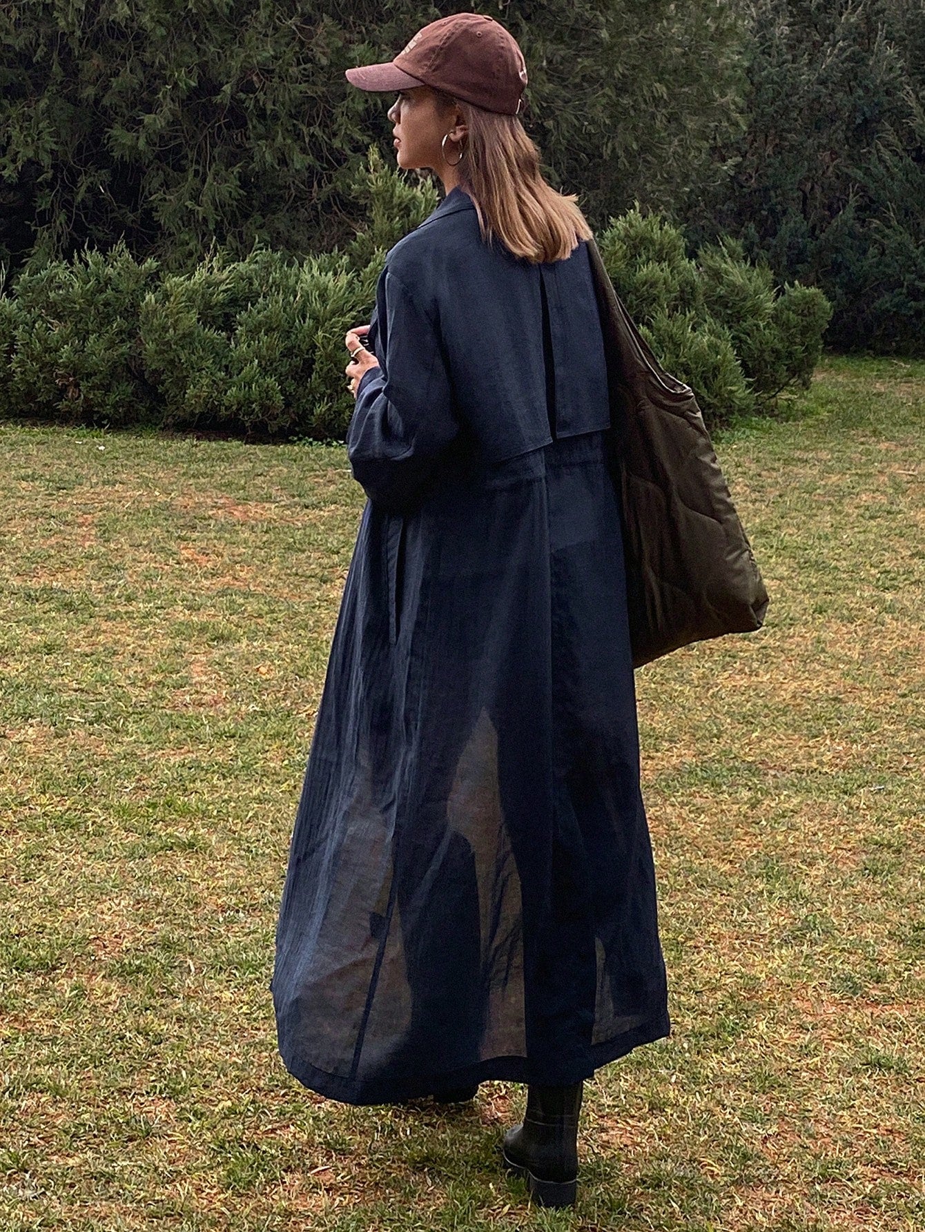 CM-CS626667 Women Casual Seoul Style Solid Color Cinched Waist Long Sleeve Trench Coat - Navy Blue