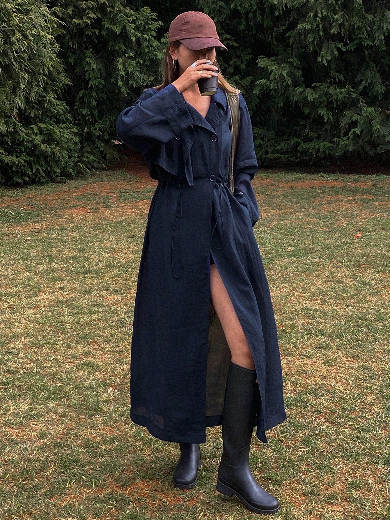 CM-CS626667 Women Casual Seoul Style Solid Color Cinched Waist Long Sleeve Trench Coat - Navy Blue