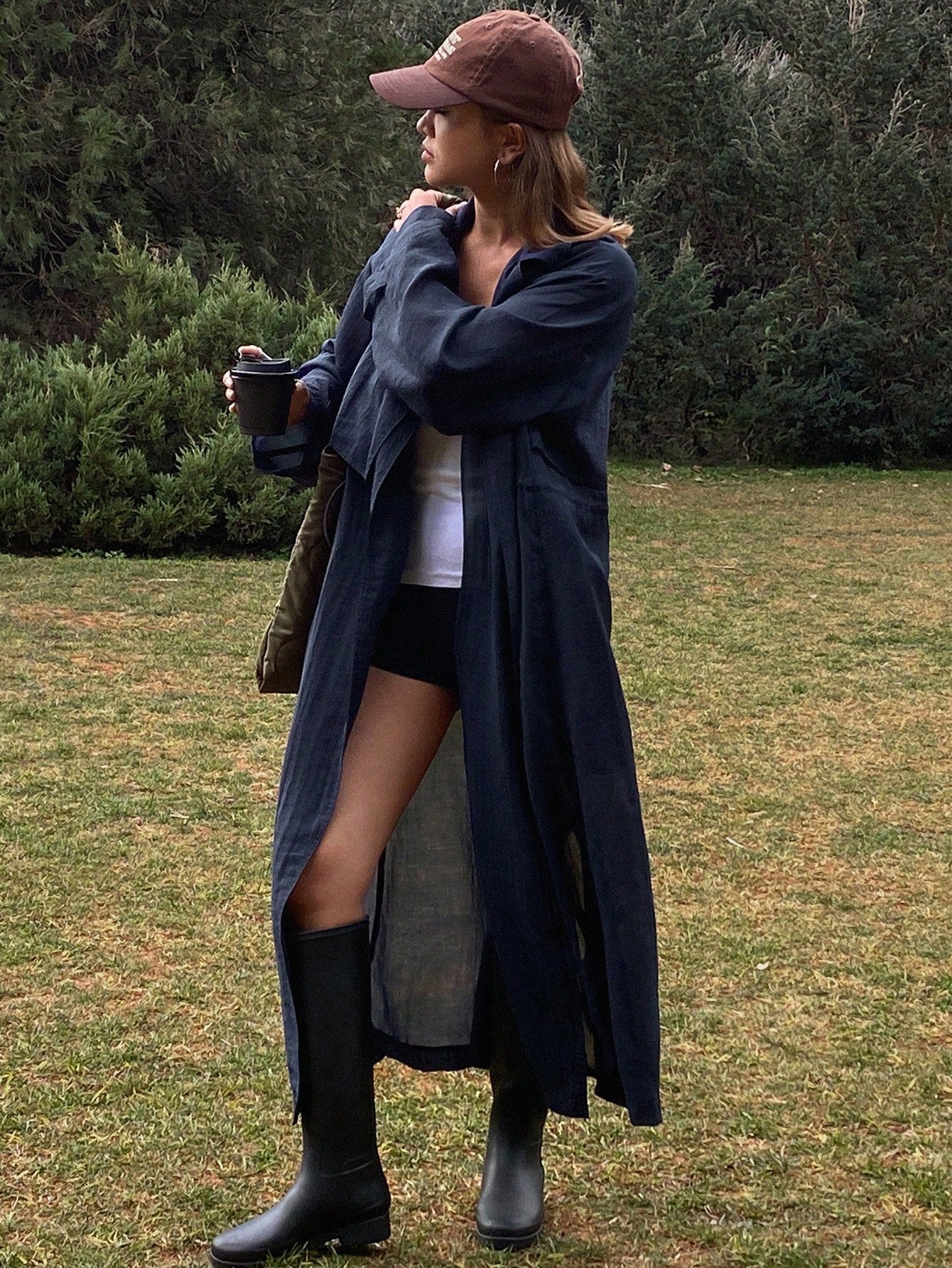 CM-CS626667 Women Casual Seoul Style Solid Color Cinched Waist Long Sleeve Trench Coat - Navy Blue