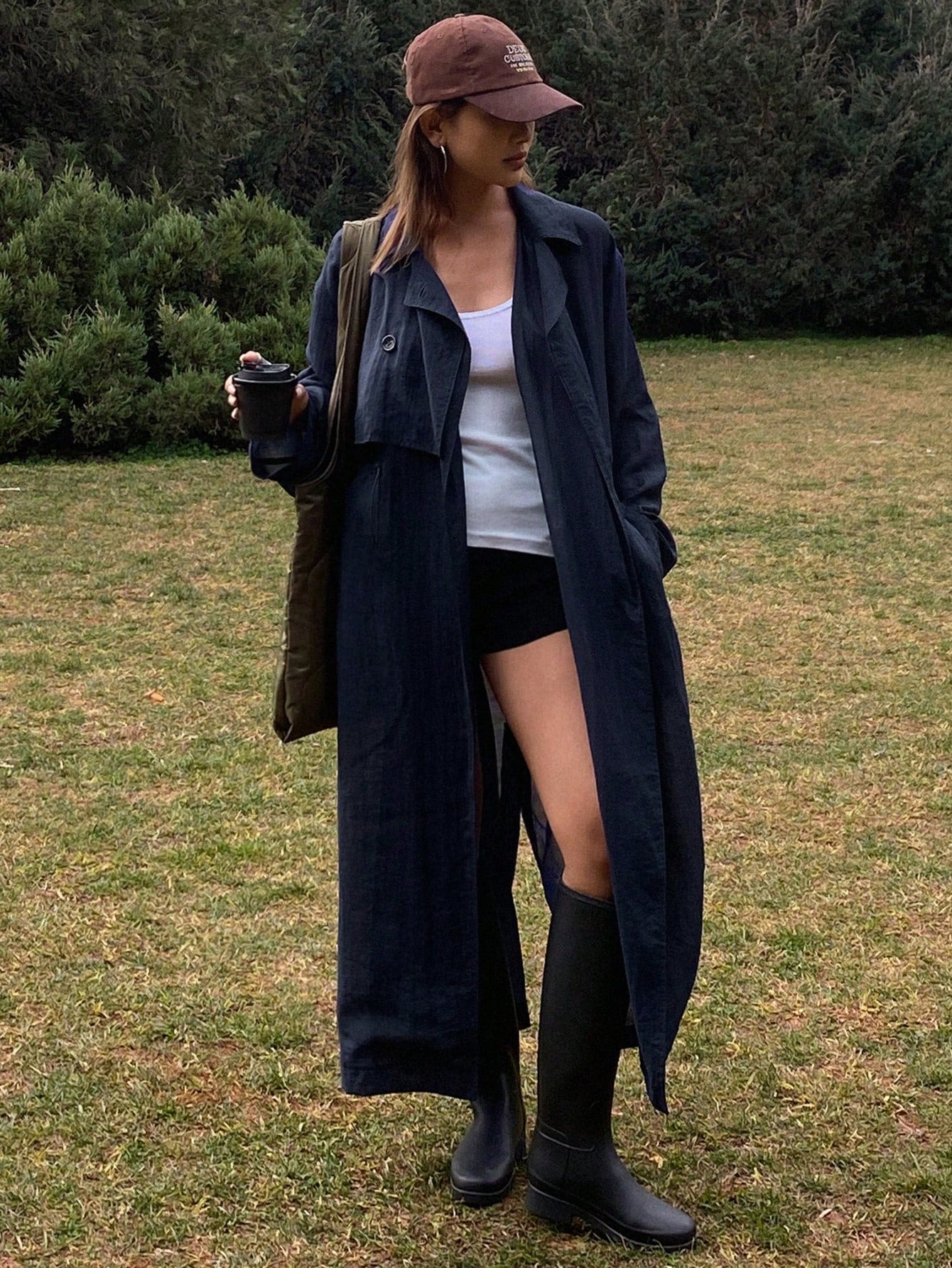 CM-CS626667 Women Casual Seoul Style Solid Color Cinched Waist Long Sleeve Trench Coat - Navy Blue