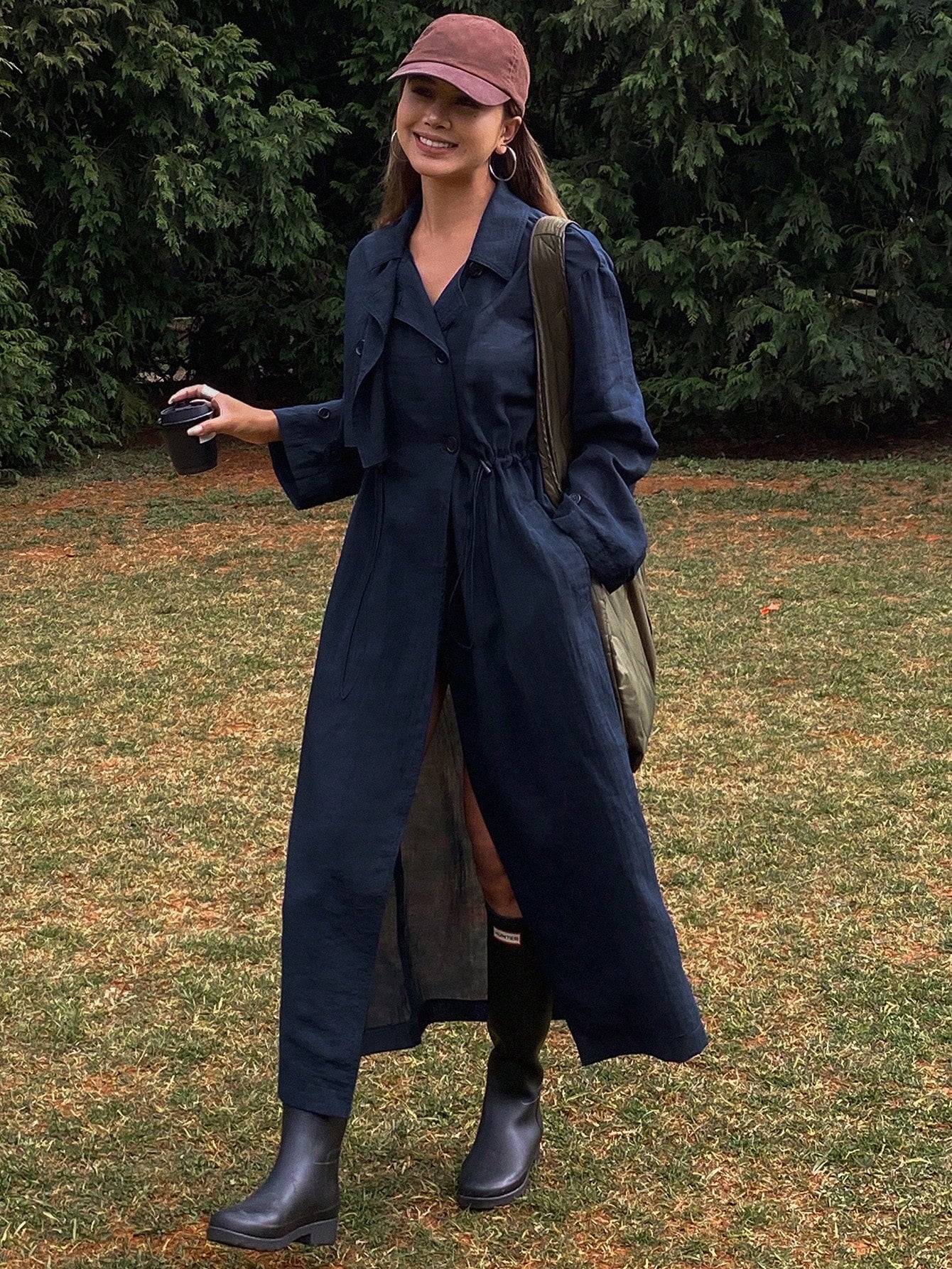 CM-CS626667 Women Casual Seoul Style Solid Color Cinched Waist Long Sleeve Trench Coat - Navy Blue