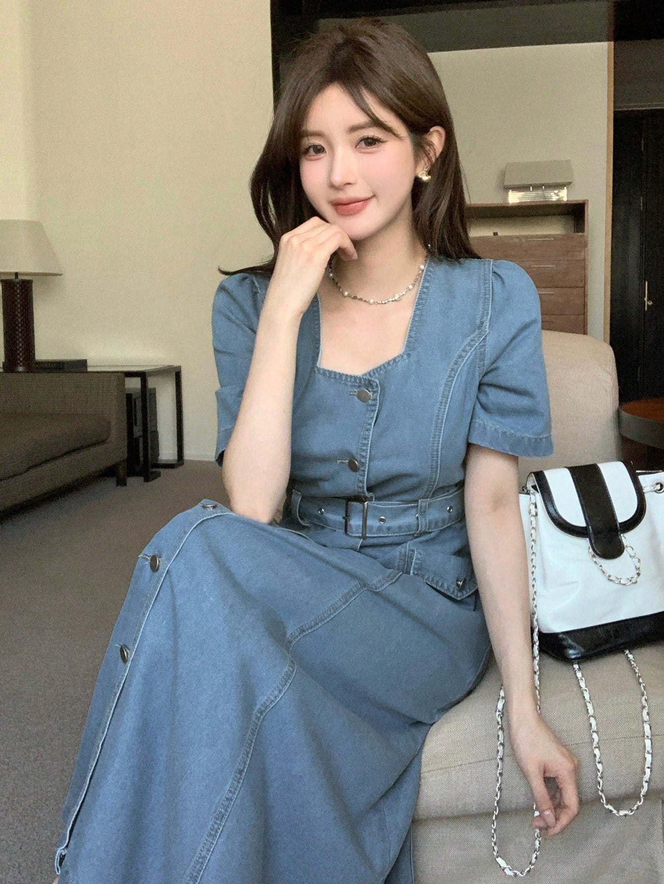 CM-DS077756 Women Casual Seoul Style Square Neck Half Puff Sleeve Belted Denim Dress - Blue