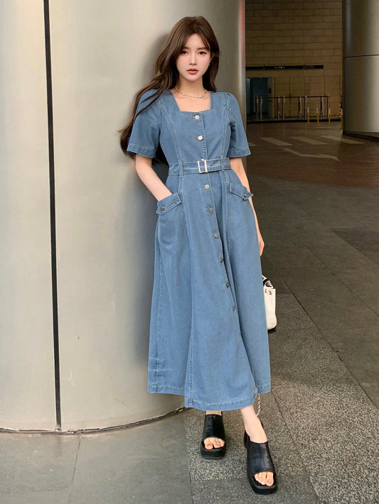 CM-DS077756 Women Casual Seoul Style Square Neck Half Puff Sleeve Belted Denim Dress - Blue