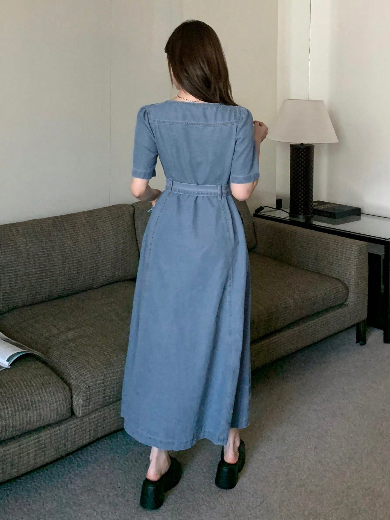 CM-DS077756 Women Casual Seoul Style Square Neck Half Puff Sleeve Belted Denim Dress - Blue