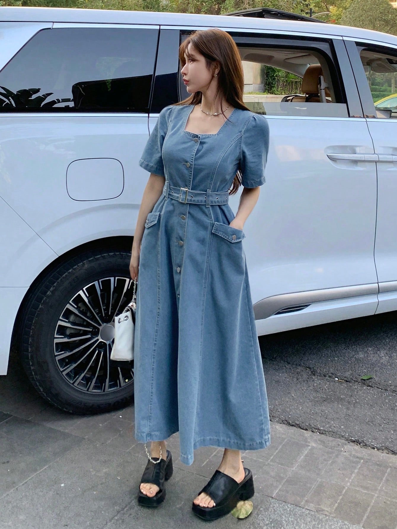 CM-DS077756 Women Casual Seoul Style Square Neck Half Puff Sleeve Belted Denim Dress - Blue