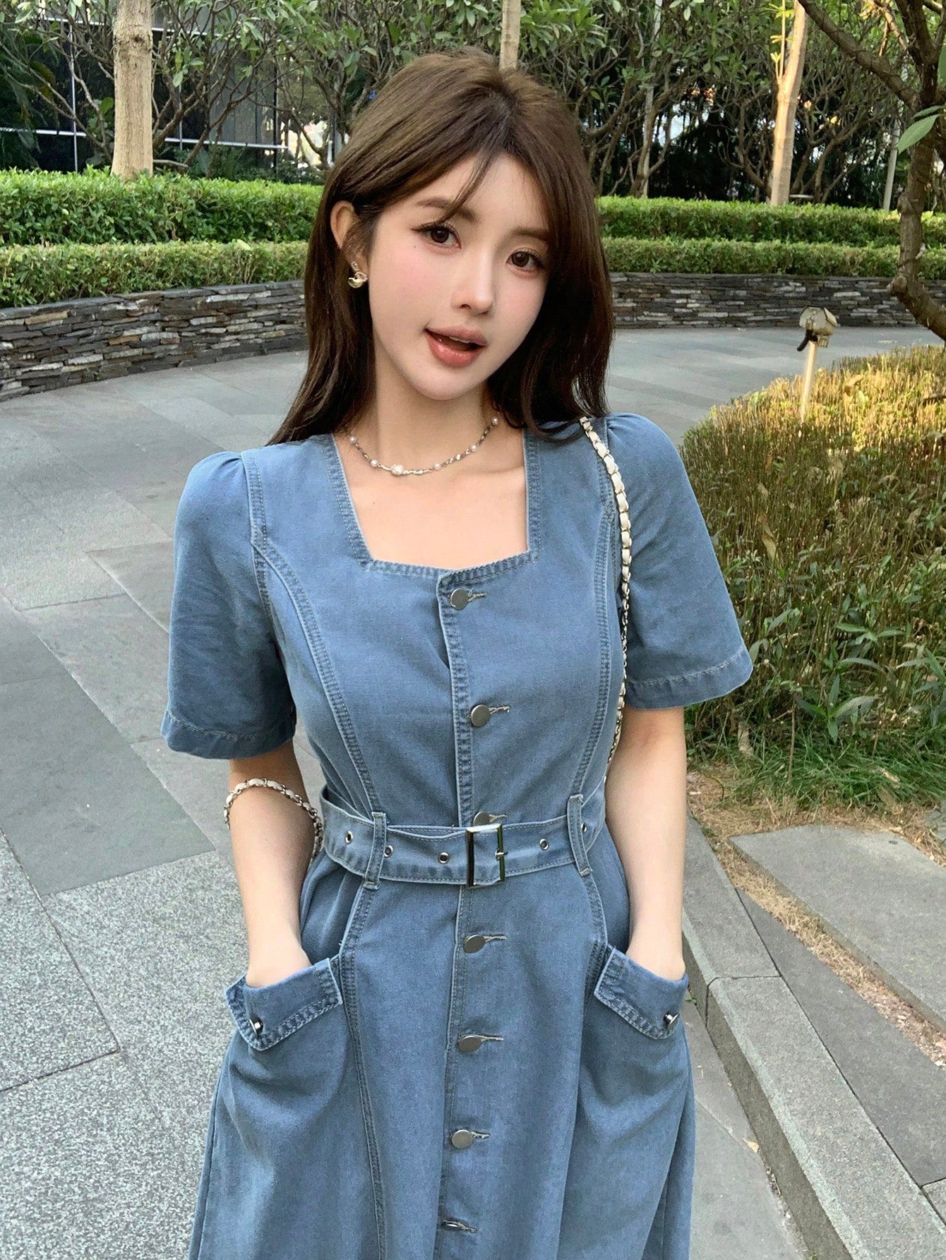 CM-DS077756 Women Casual Seoul Style Square Neck Half Puff Sleeve Belted Denim Dress - Blue