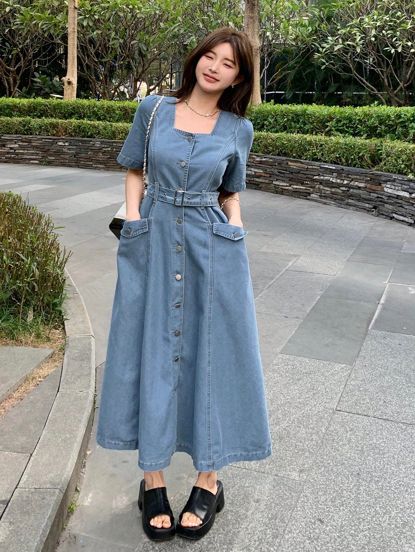 CM-DS077756 Women Casual Seoul Style Square Neck Half Puff Sleeve Belted Denim Dress - Blue