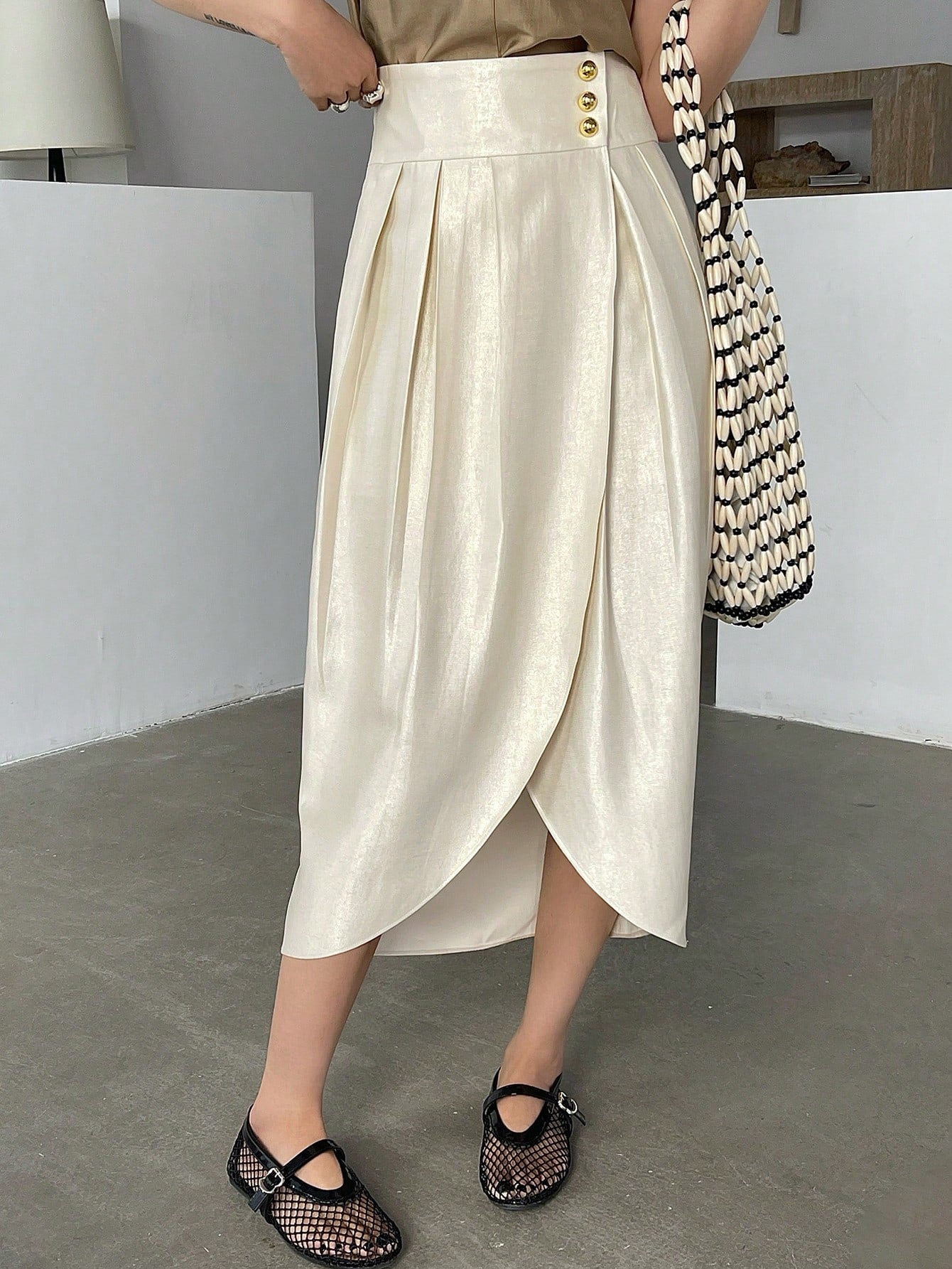 CM-BS665612 Women Casual Seoul Style Solid Color Tulip Hem Skirt With Slit - Beige