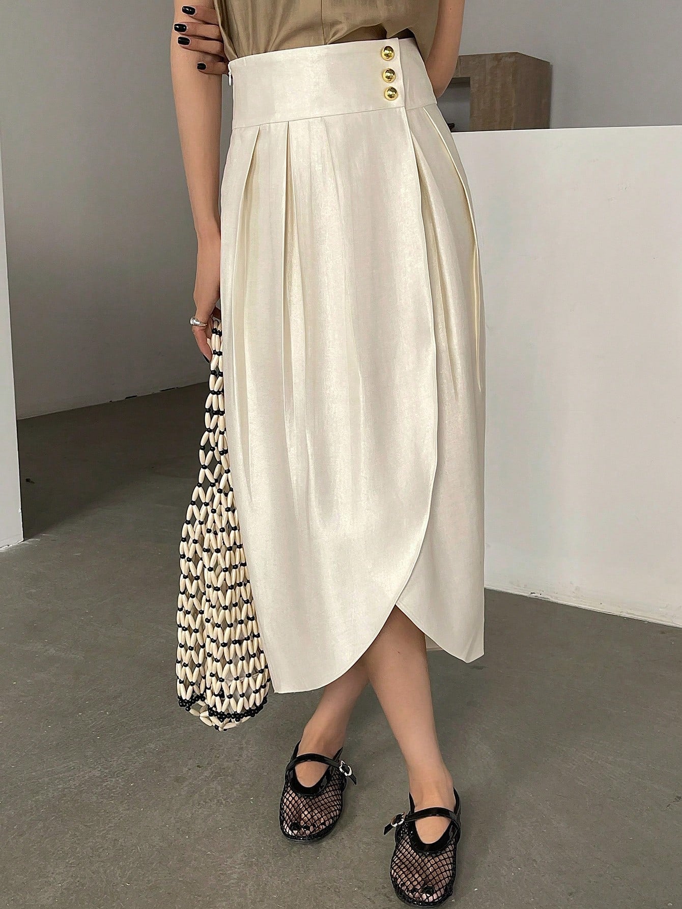 CM-BS665612 Women Casual Seoul Style Solid Color Tulip Hem Skirt With Slit - Beige